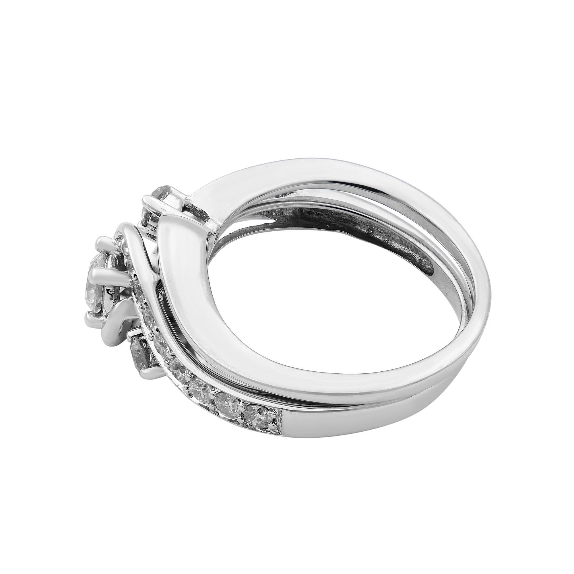 This sophisticated diamond bridal set is just her stunning style. Made with 14K white gold, the engagement ring features a sparkling 0.20cts diamond center stone. Smaller accent diamonds line the ring gracefully bypassing slant shank. On your