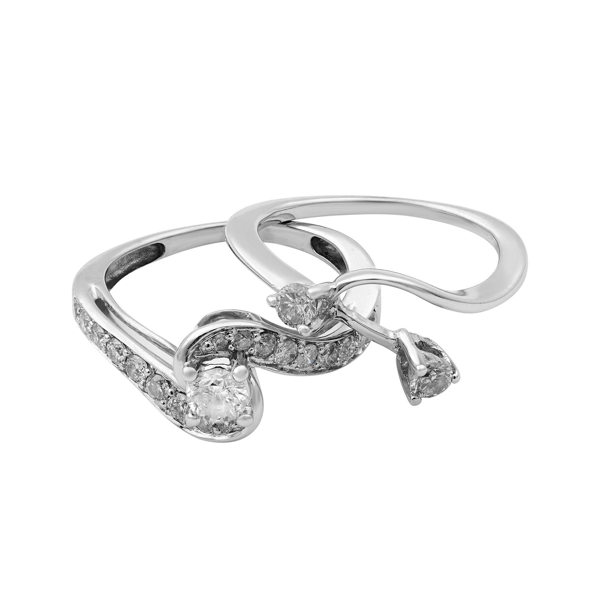 Rachel Koen Diamond Two Piece Ring Set 14K White Gold 0.60Cttw In New Condition For Sale In New York, NY