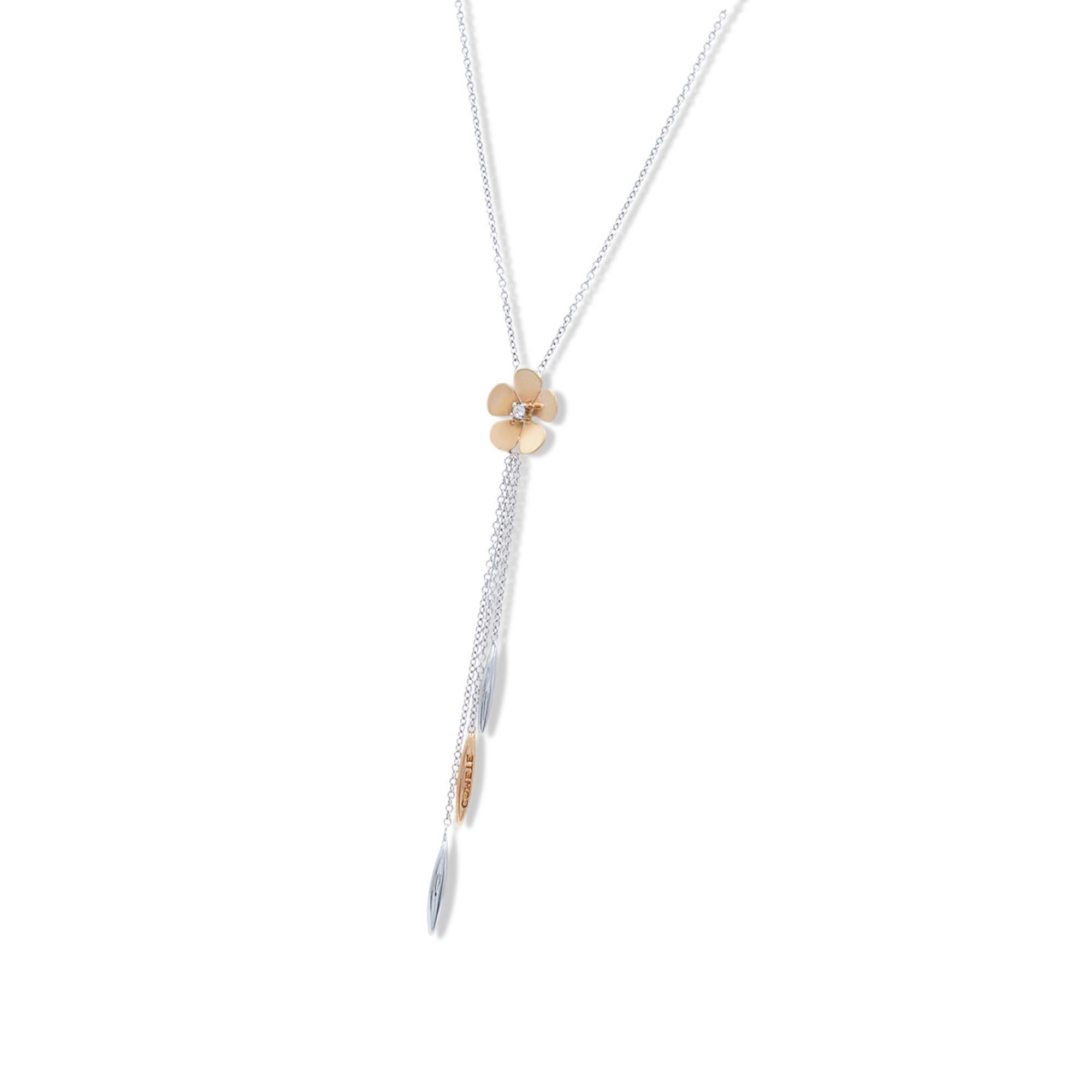 Beautiful Diamond Two-Tone Flower Pendant Necklace crafted in 18K yellow and white gold. Display your love for flowers when wearing this lovely dainty necklace. This necklace features one single diamond in the center of a flower weighing 0.01ct.