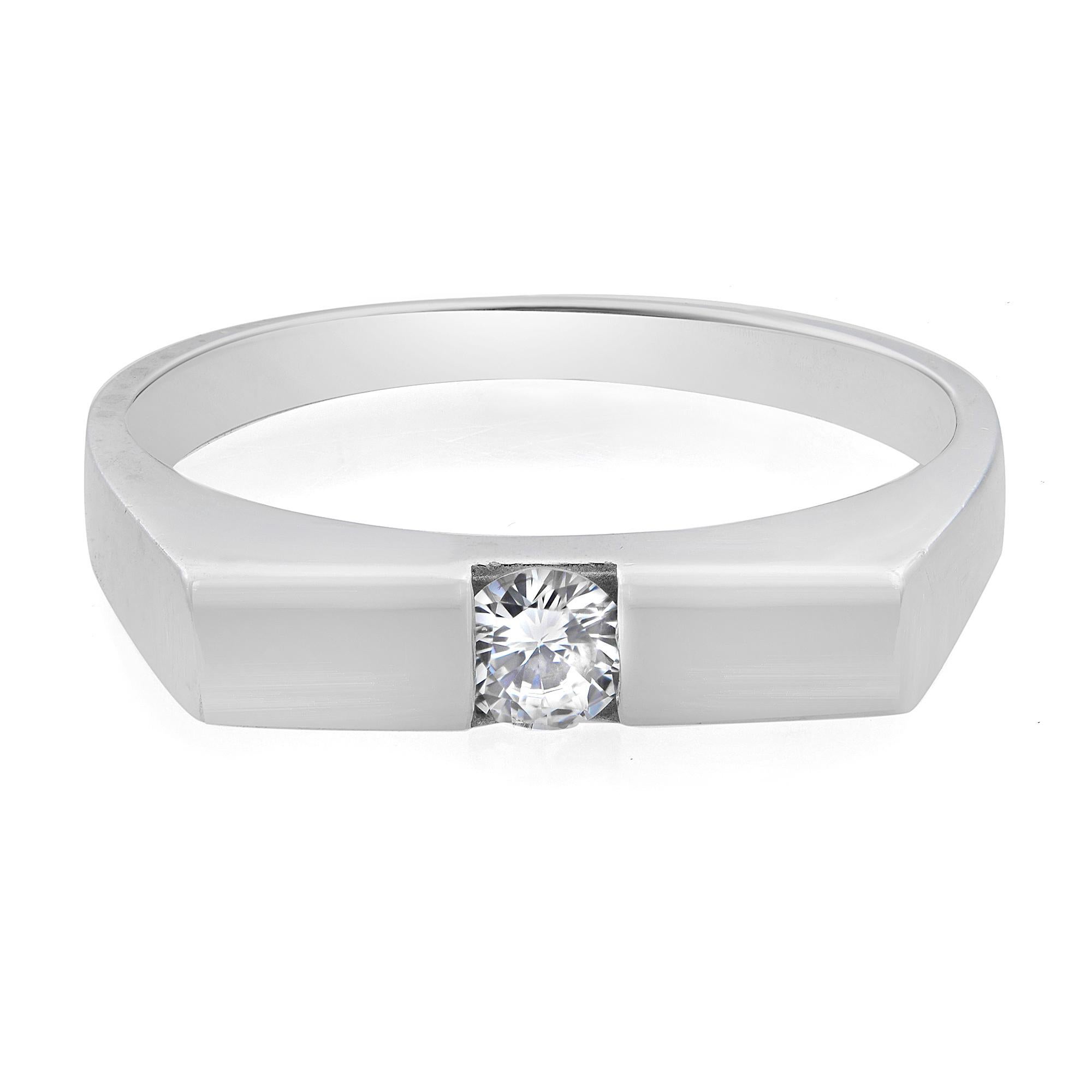 This beautiful and unique diamond wedding band ring is set with one round cut 0.10cttw diamond. Crafted in 14K white gold. Ring size 6.25. Weight: 2.60 grams. Comes with a presentable gift box. 