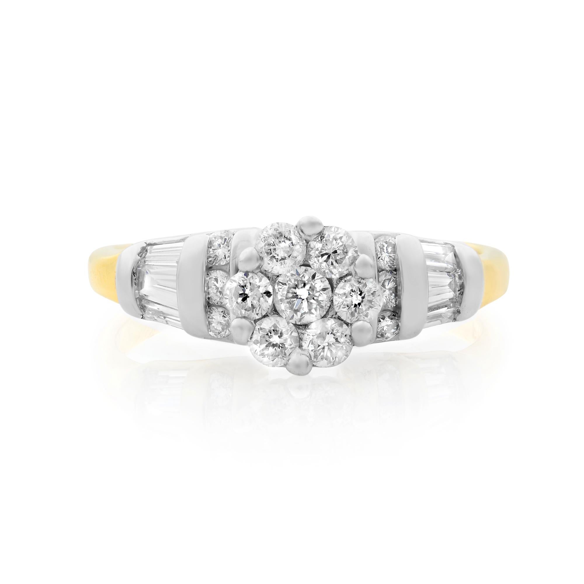 This beautiful ladies wedding ring is encrusted with 0.25cttw of dazzling round and baguette cut diamonds crafted in 14K white and yellow gold. Ring size 7. Total weight: 3.20 gms. Comes with a presentable gift box. 
