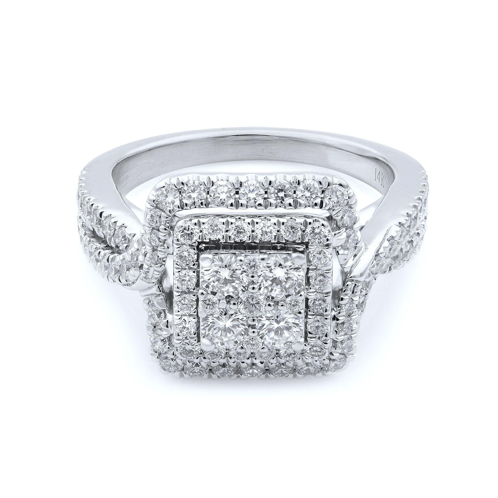 Modern Rachel Koen Double Halo Diamond Engagement Ring 14K White Gold 2.00cttw For Sale