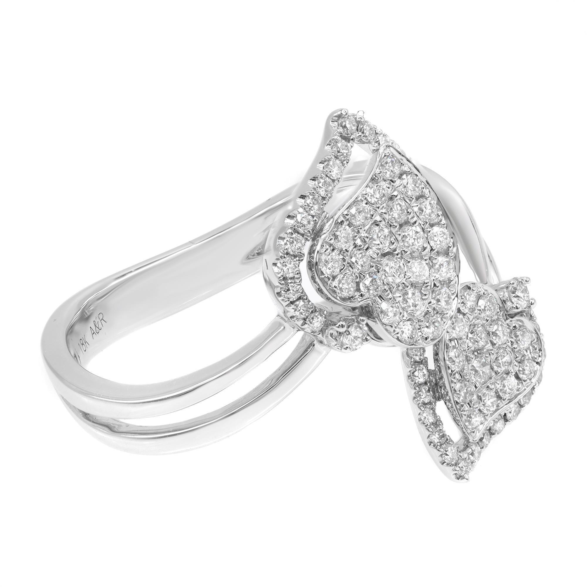 Modern Rachel Koen Double Heart Diamond Ring 18K White Gold 0.53Cttw For Sale