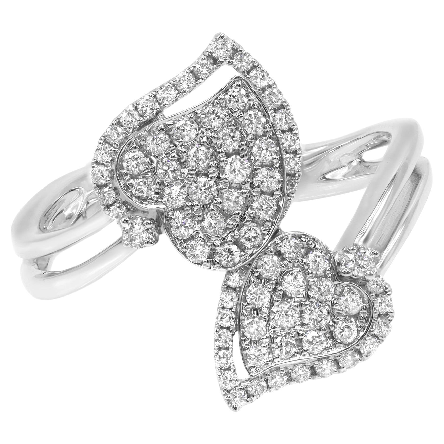 Rachel Koen Double Heart Diamond Ring 18K White Gold 0.53Cttw For Sale
