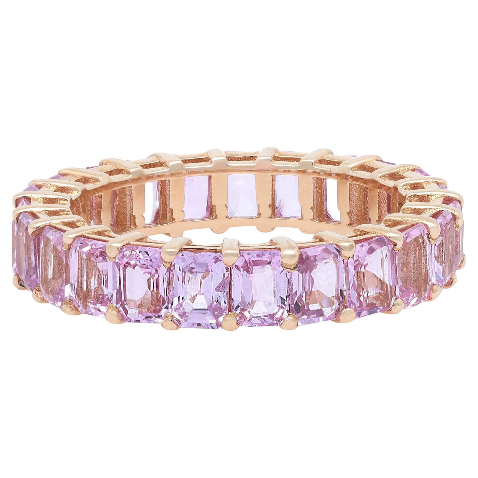 Rachel Koen Emerald Cut Pink Sapphire Eternity Band Ring 14K Yellow Gold For Sale