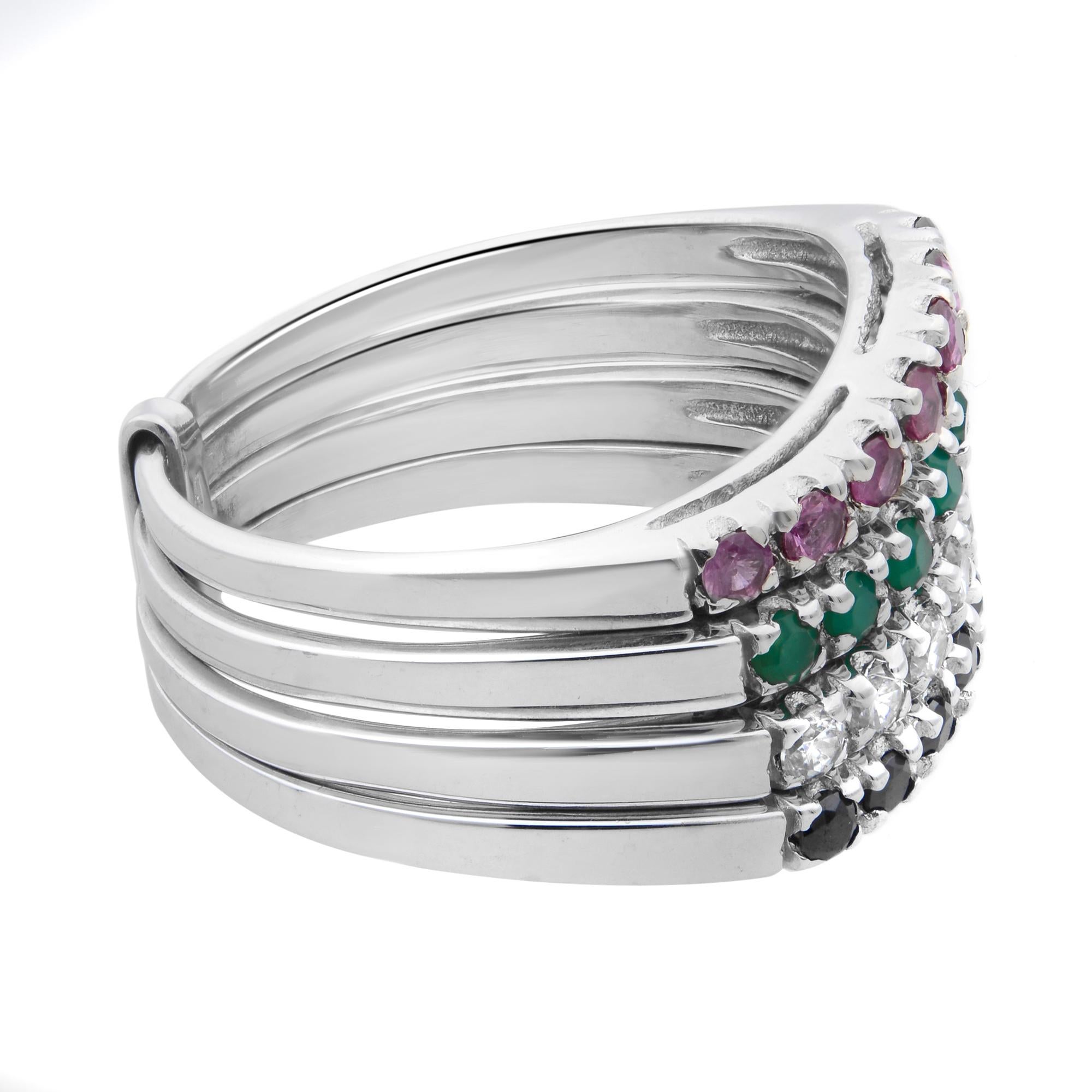 Round Cut Rachel Koen Emerald Ruby Sapphire Diamond Statment Ring 18K White Gold For Sale