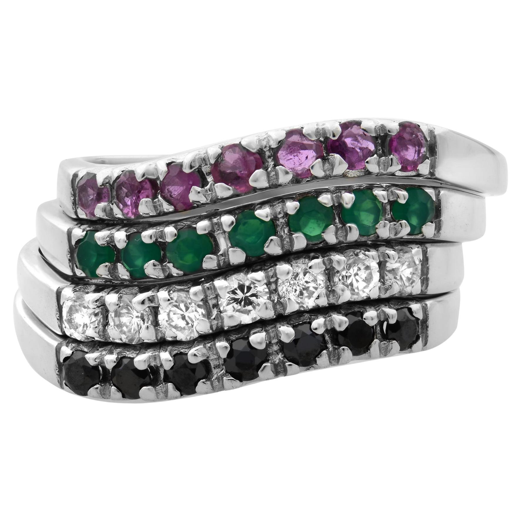 Rachel Koen Emerald Ruby Sapphire Diamond Statment Ring 18K White Gold For Sale