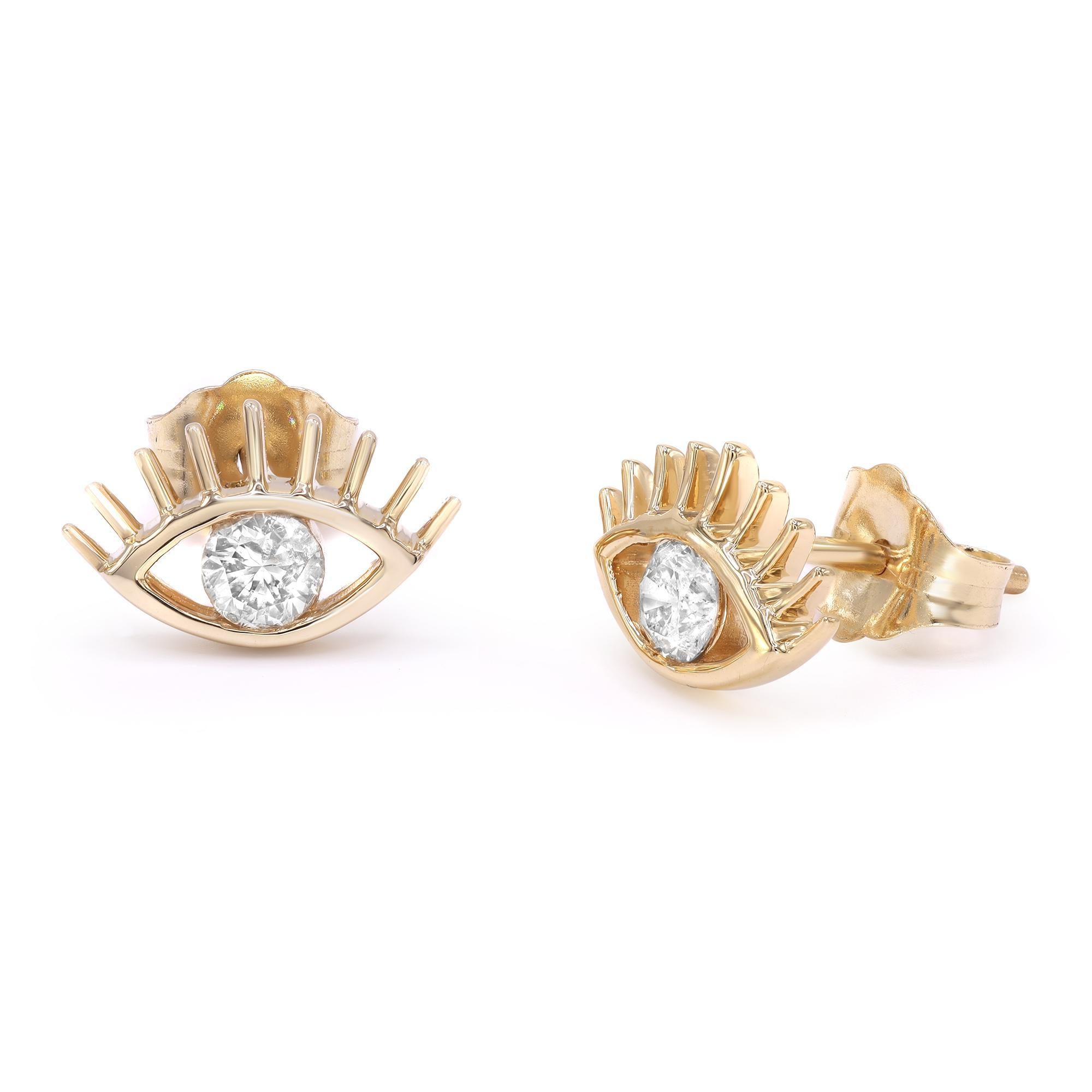Rachel Koen Pendientes de diamantes con pestañas Evil Eye Oro amarillo de 14K 0,19Cttw Moderno en venta