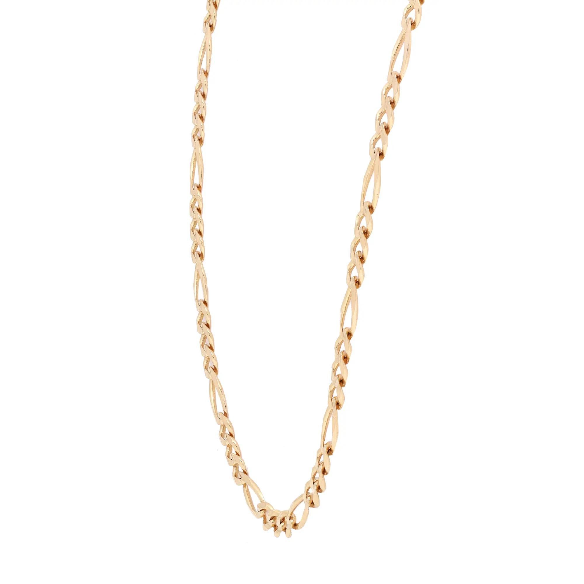 Showcase your classic sense of style with this unisex Figaro solid link chain necklace. Crafted in lustrous 14K yellow gold. Length: 20 inches. Width: 4.05mm Weight: 11.32 grams. Closure: Lobster lock. Whether you layer up or wear it solo, you are