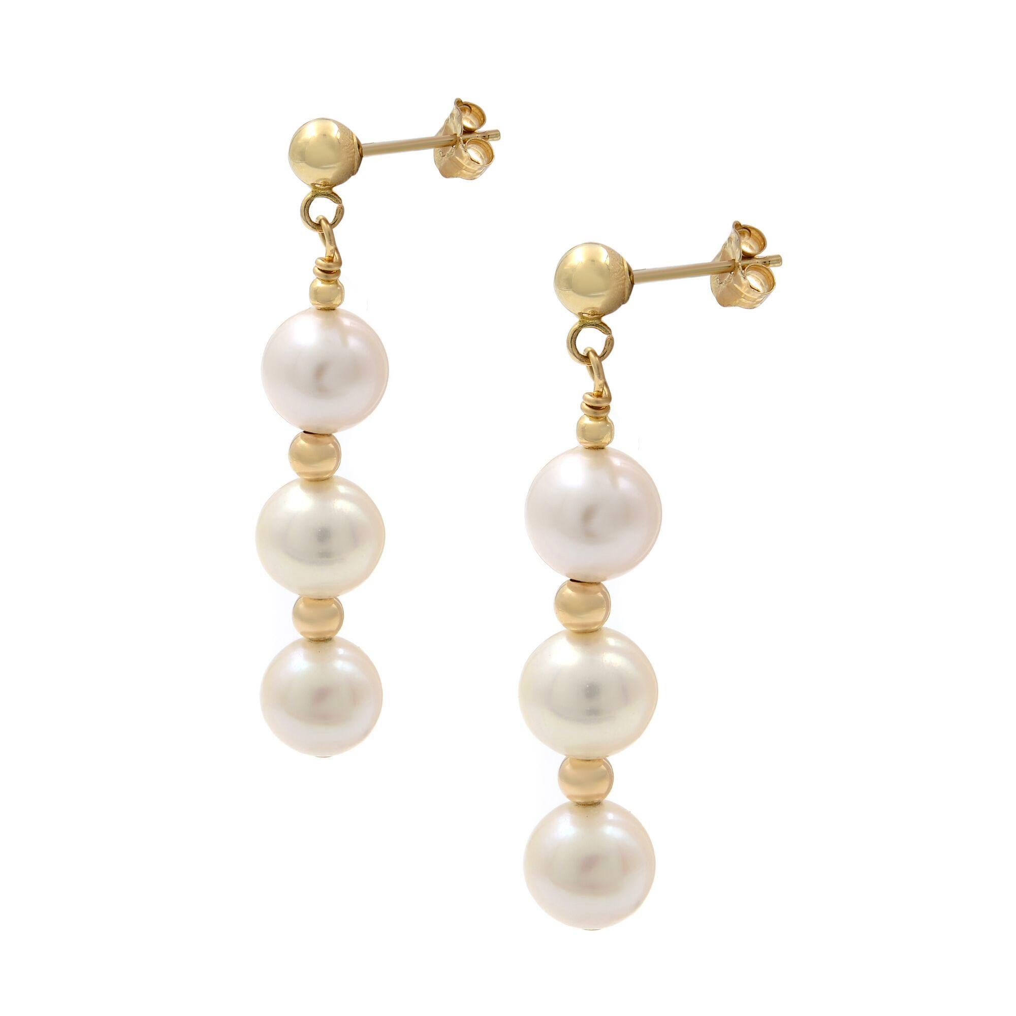 Modern Rachel Koen Fresh Water White Pearl Drop Earrings 14K Yellow Gold 35mm For Sale