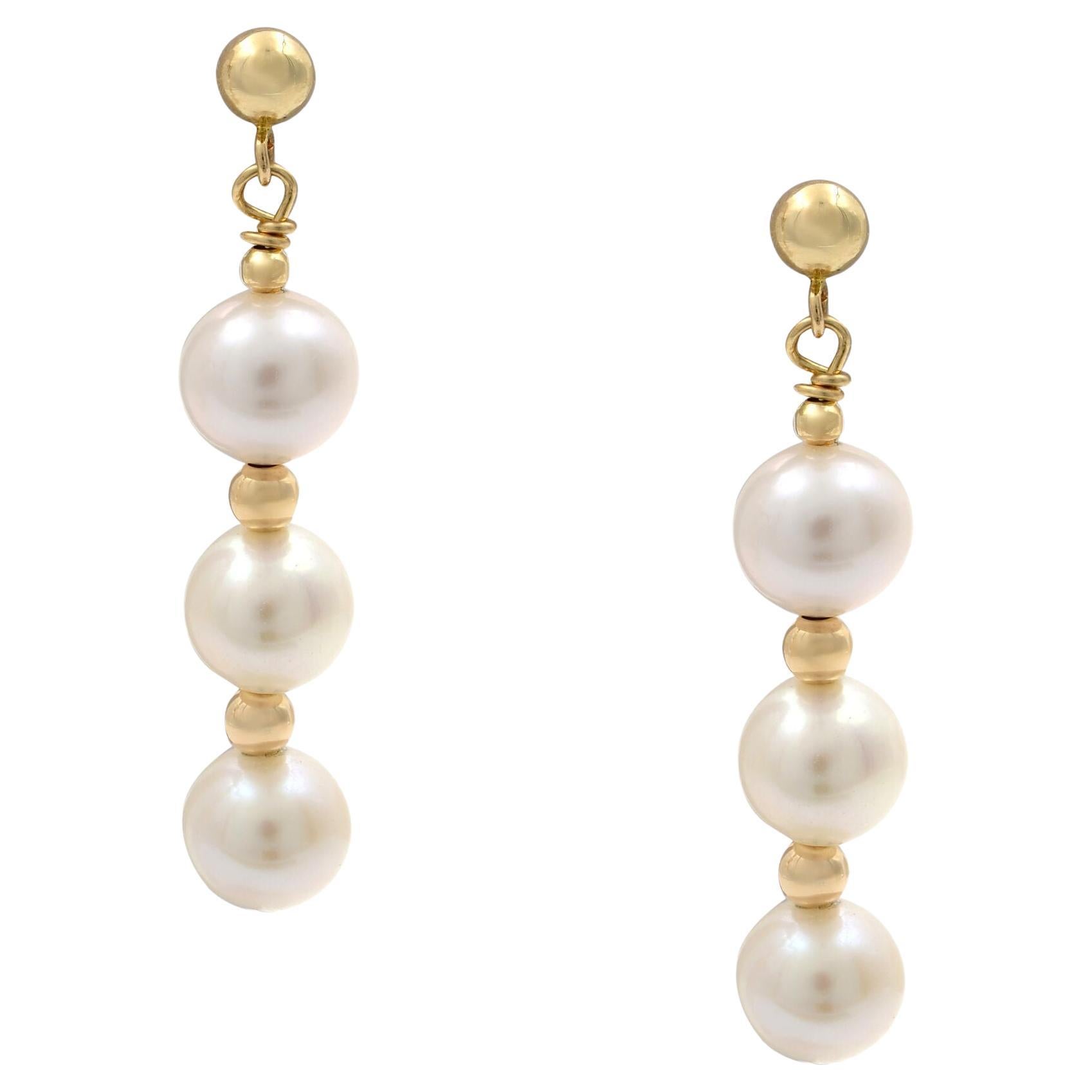 Rachel Koen Fresh Water White Pearl Drop Earrings 14K Yellow Gold 35mm For Sale