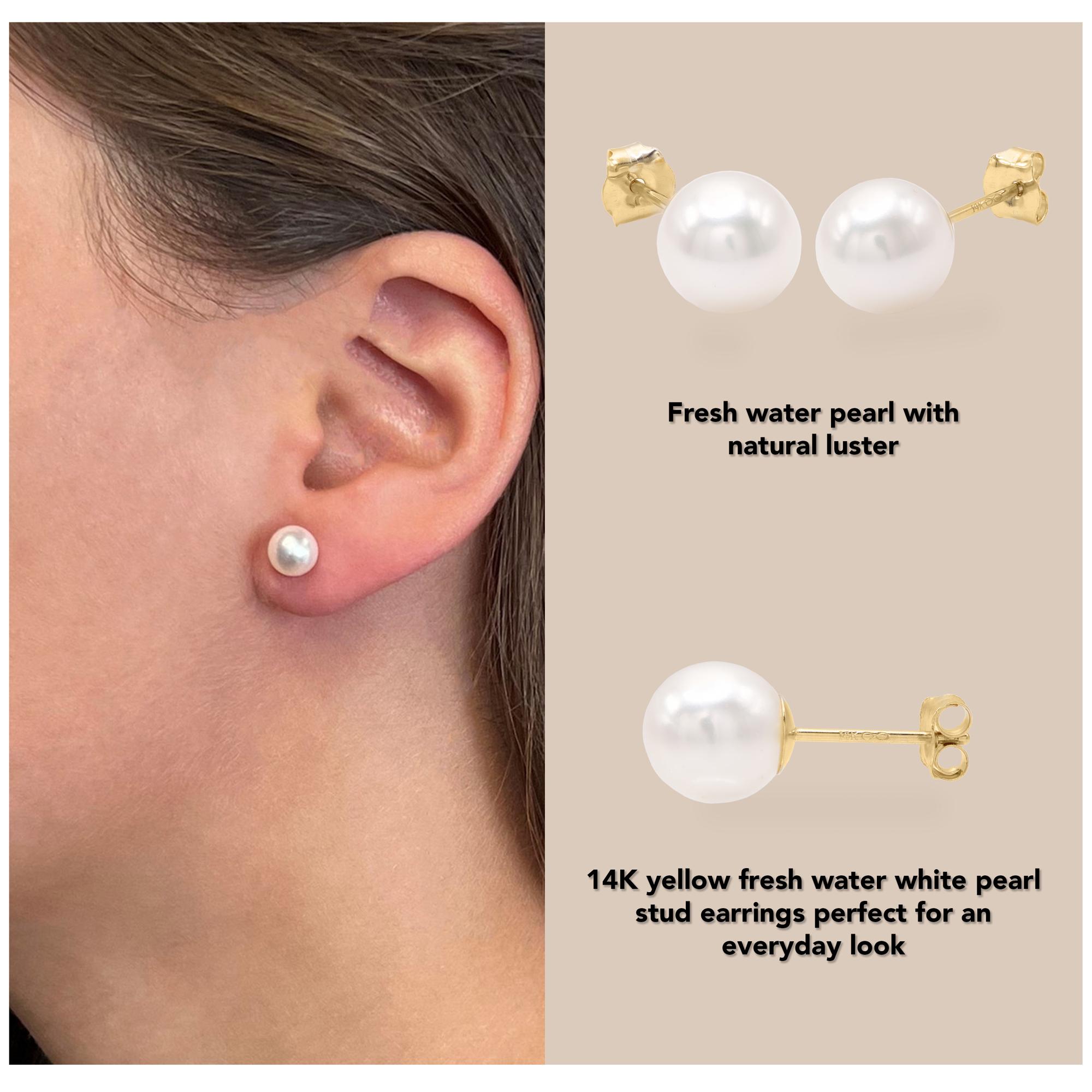Rachel Koen Fresh Water White Pearl Stud Earrings 14K Yellow Gold For Sale 4