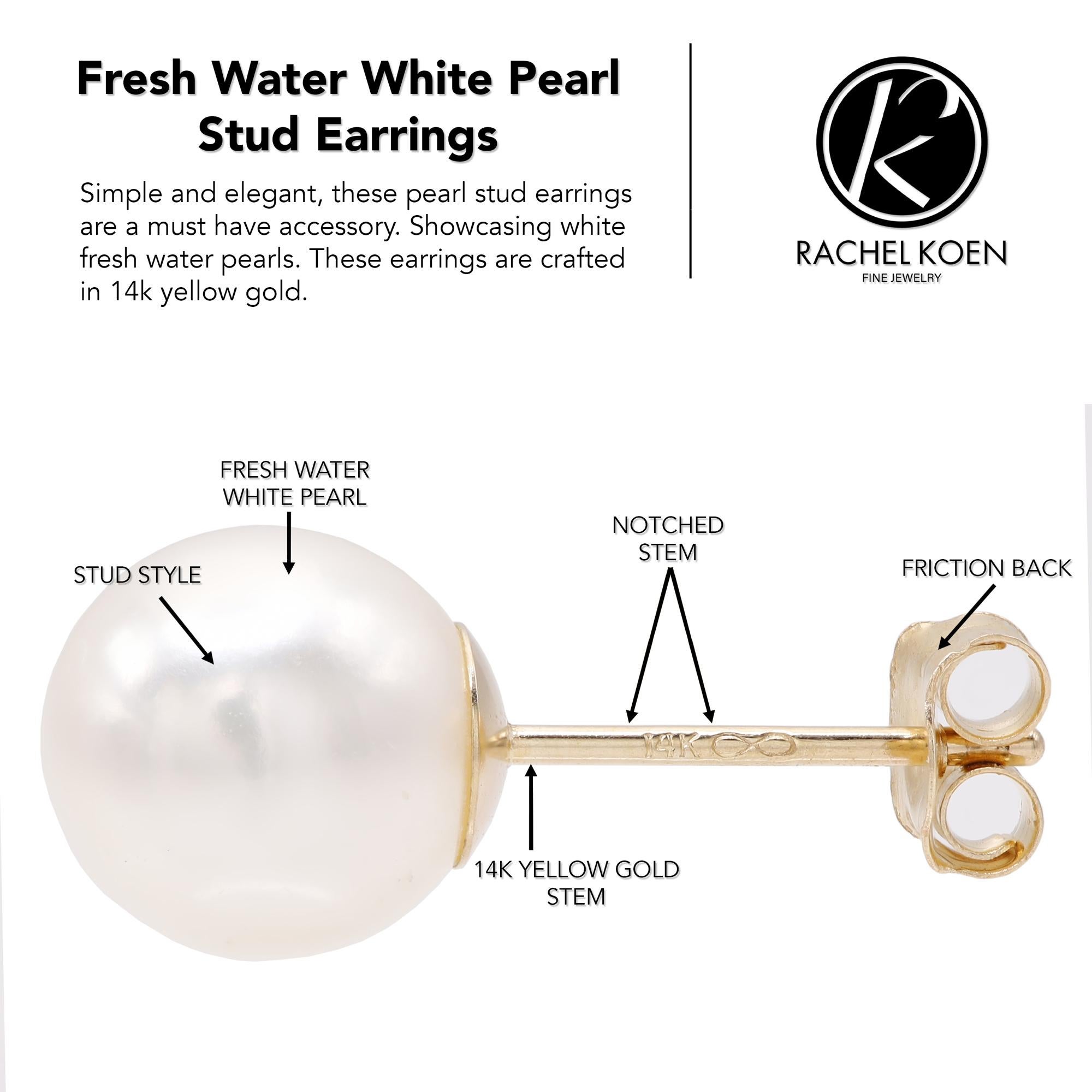 Women's Rachel Koen Fresh Water White Pearl Stud Earrings 14K Yellow Gold For Sale