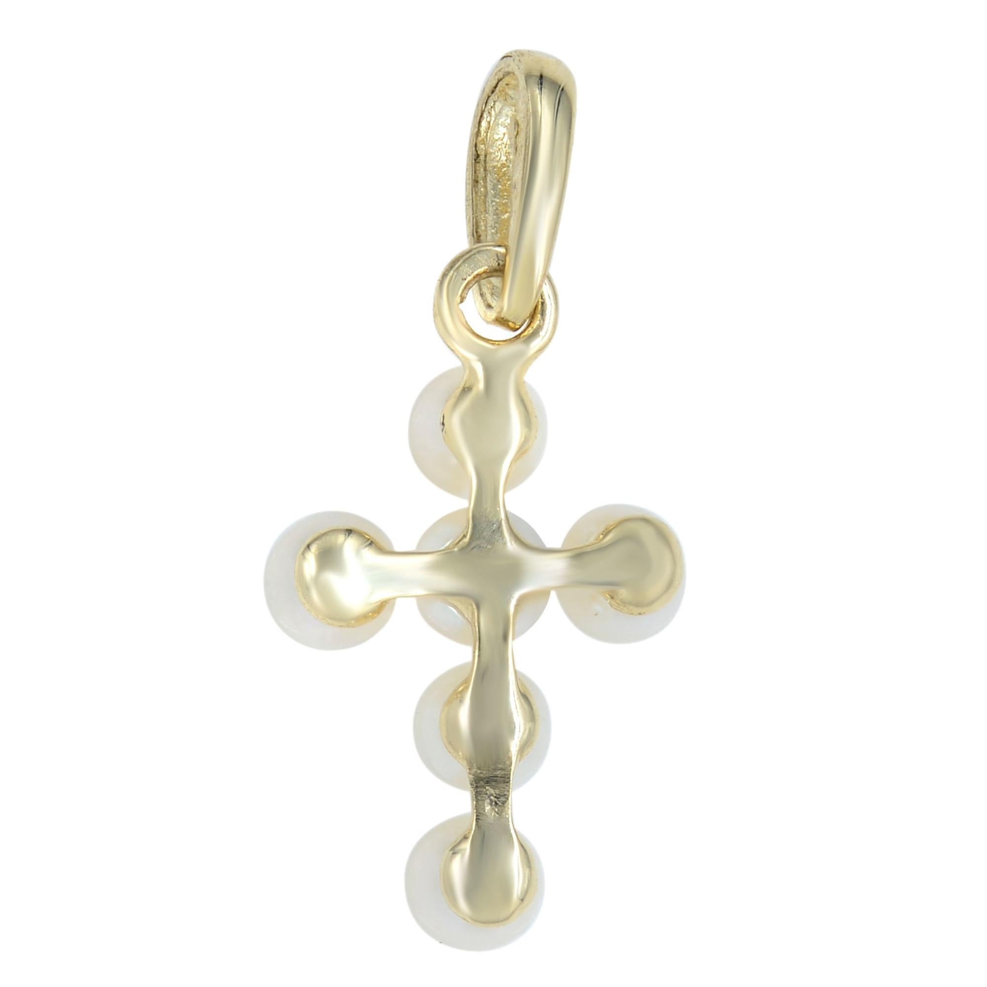Cute and delicate, this petite pearl cross pendant gives a charming everyday look. Crafted in 14K yellow gold, this symbol of faith features six luminous cultured freshwater pearls in a cross-shaped design. Measurement: 12mm long. Total weight: 0.31