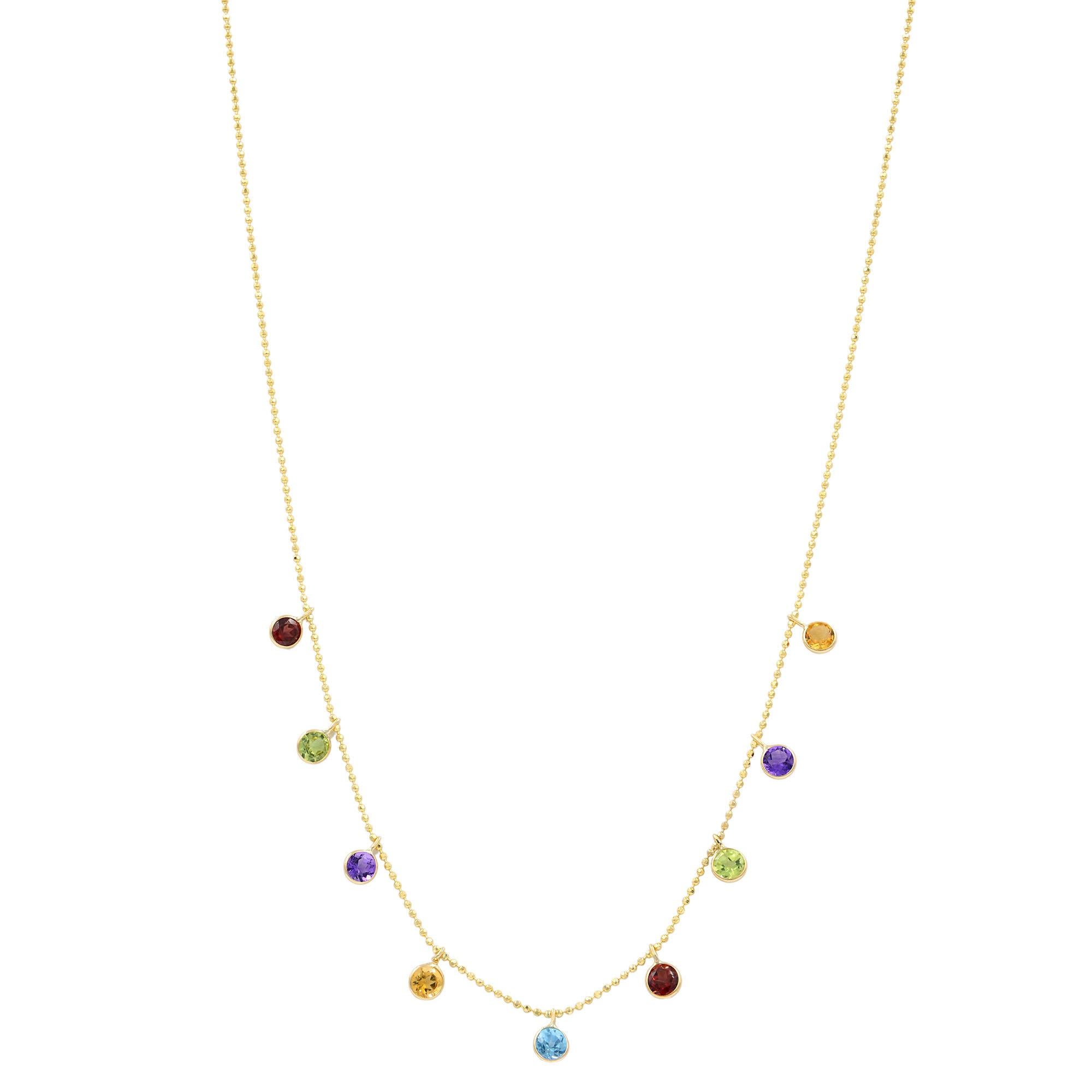 Delicate and oh so trendy, gemstone by the yard chain necklace. Crafted in 14K yellow gold, this necklace features 9 bezel set multicolor gemstones. Chain length: 18 inches. It's stackable and easy everyday wear. Comes with a presentable gift box. 