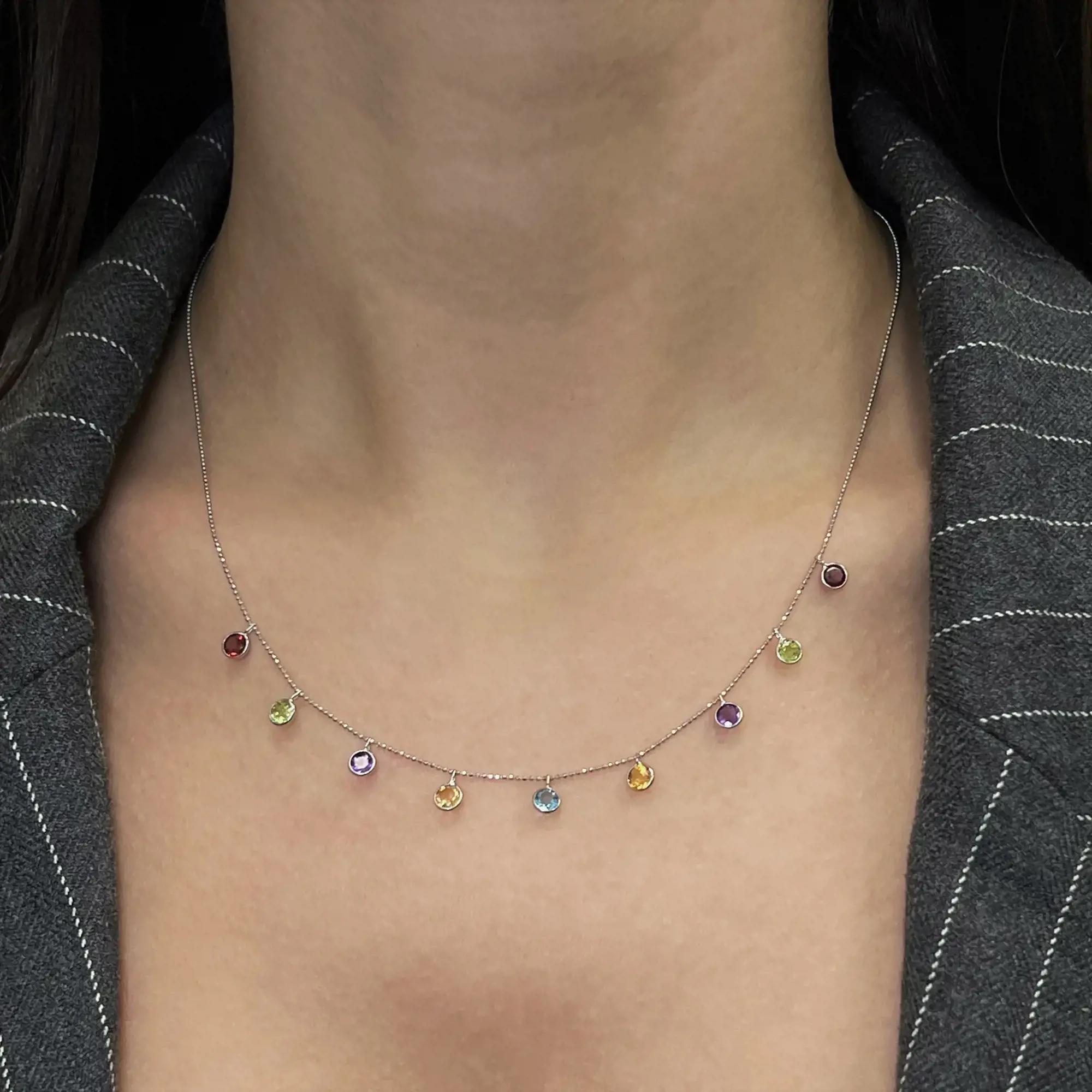 Rachel Koen Gemstones Chain Necklace 14K White Gold In New Condition For Sale In New York, NY