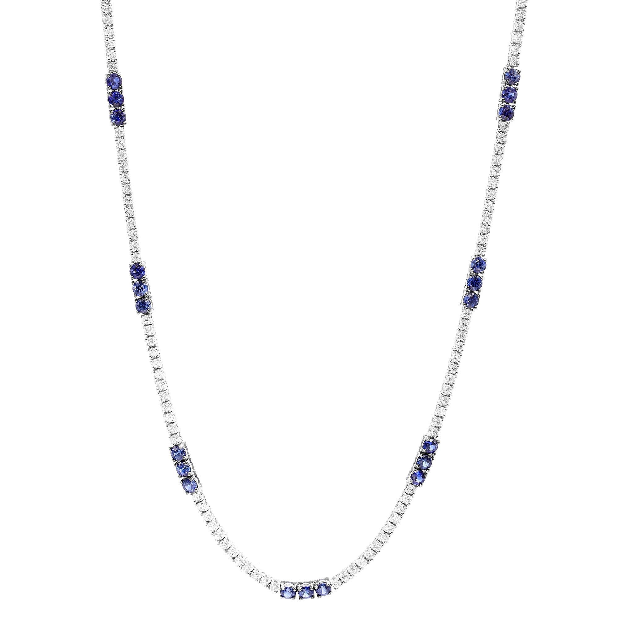 Rachel Koen: 14 Karat Weißgold Halskette mit echtem Diamant-Blauem Saphir und 3,32 Karat (Rundschliff) im Angebot