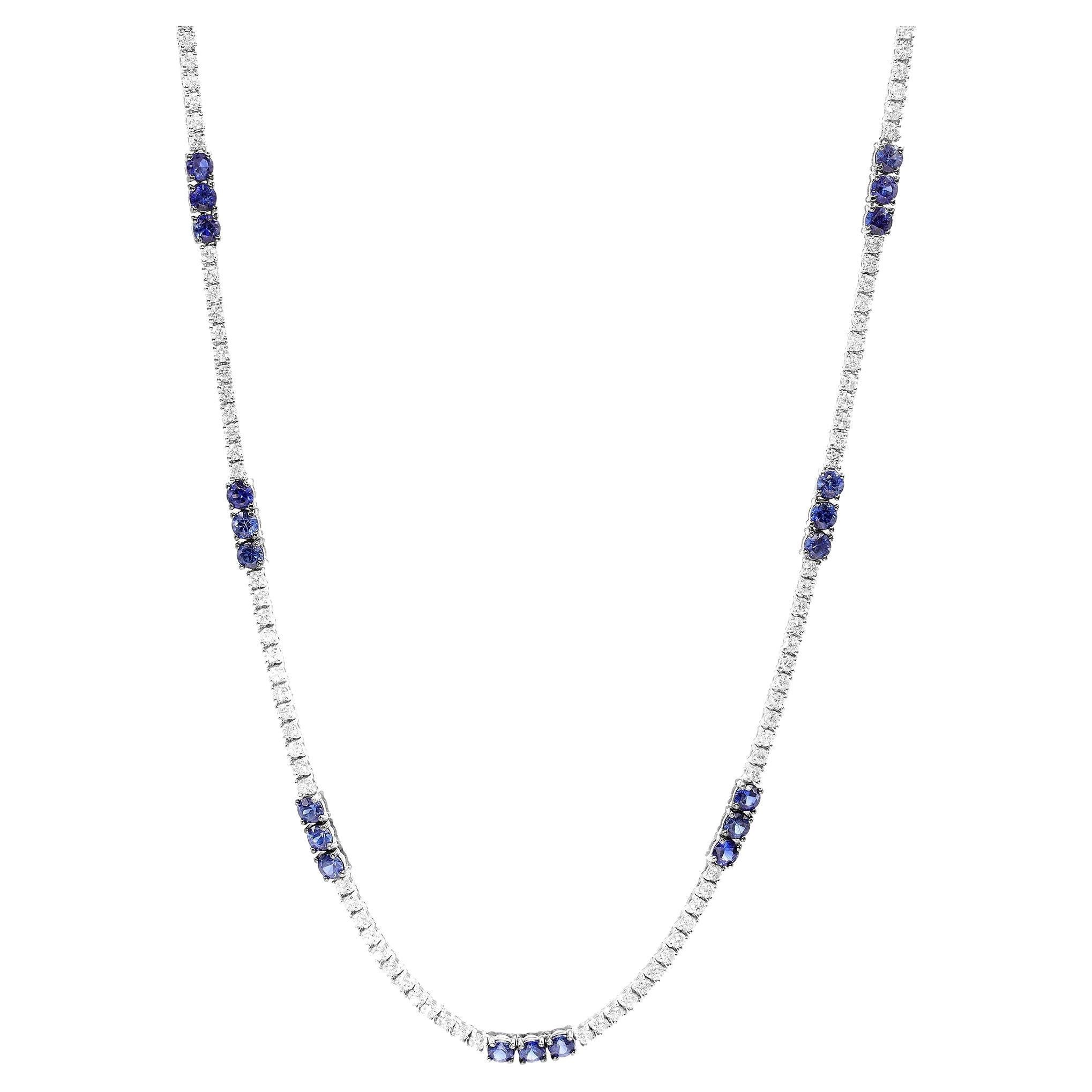 Rachel Koen Genuine Diamond Blue Sapphire Tennis Necklace 14k White Gold 3.32cts For Sale