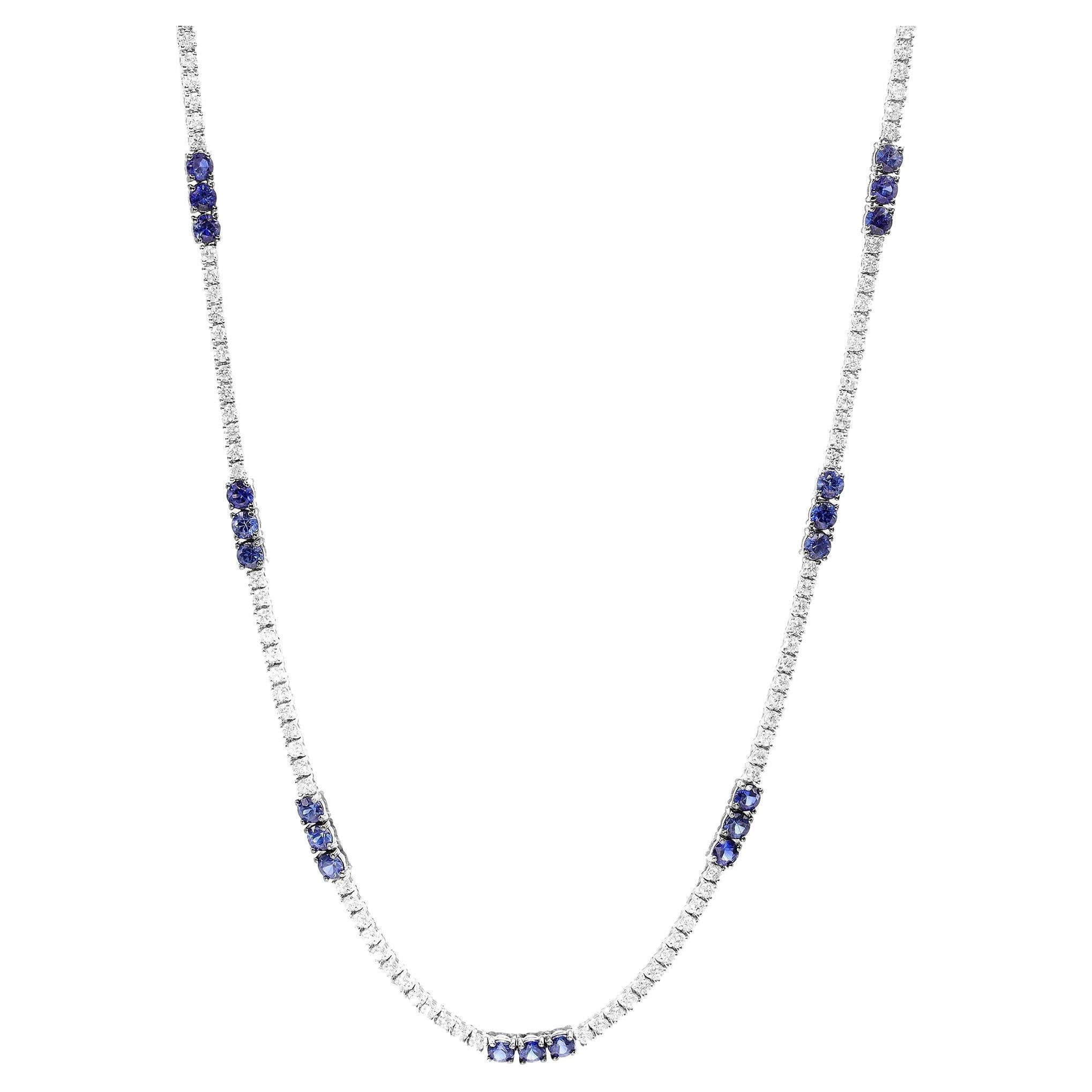 Rachel Koen Genuine Diamond Blue Sapphire Tennis Necklace 14k White Gold 3.32cts