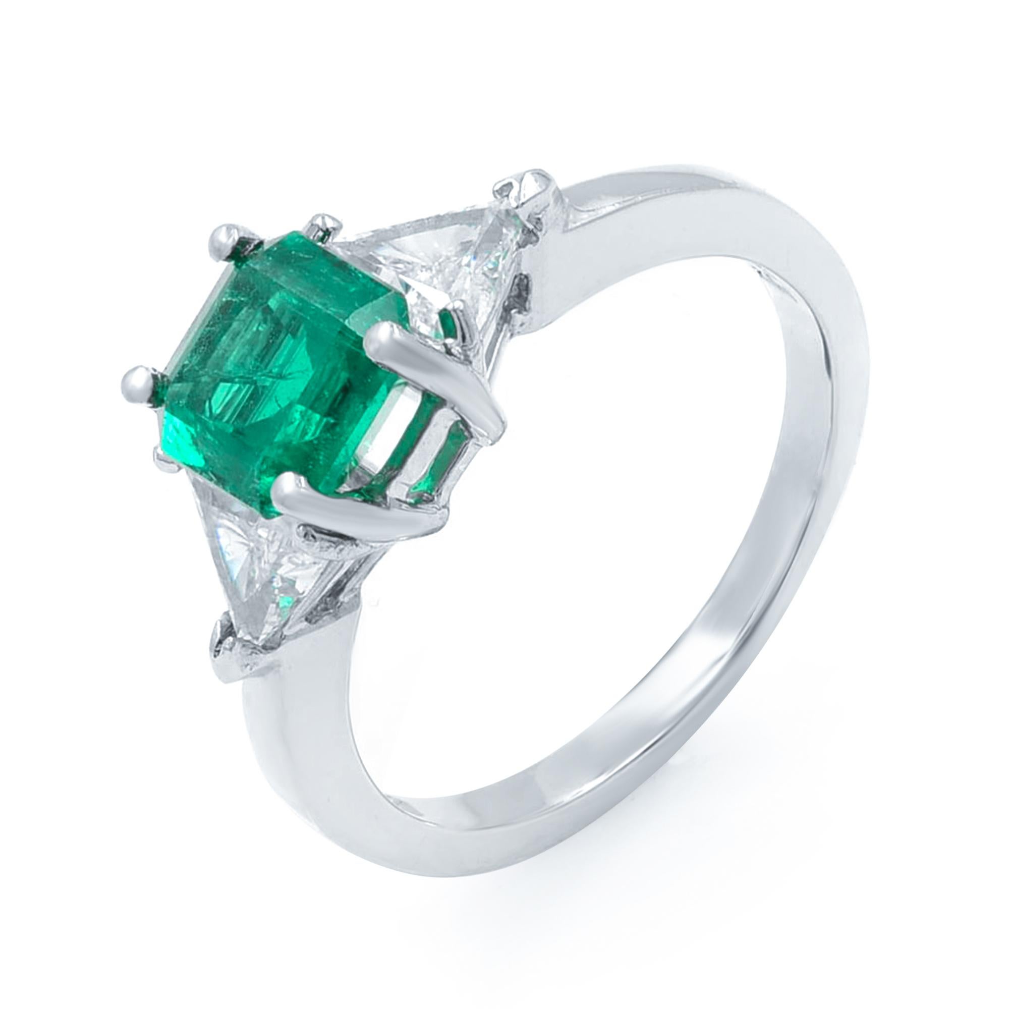 Asscher Cut Rachel Koen Green Emerald Diamond Three Stone Ring Platinum 1.80Cttw For Sale