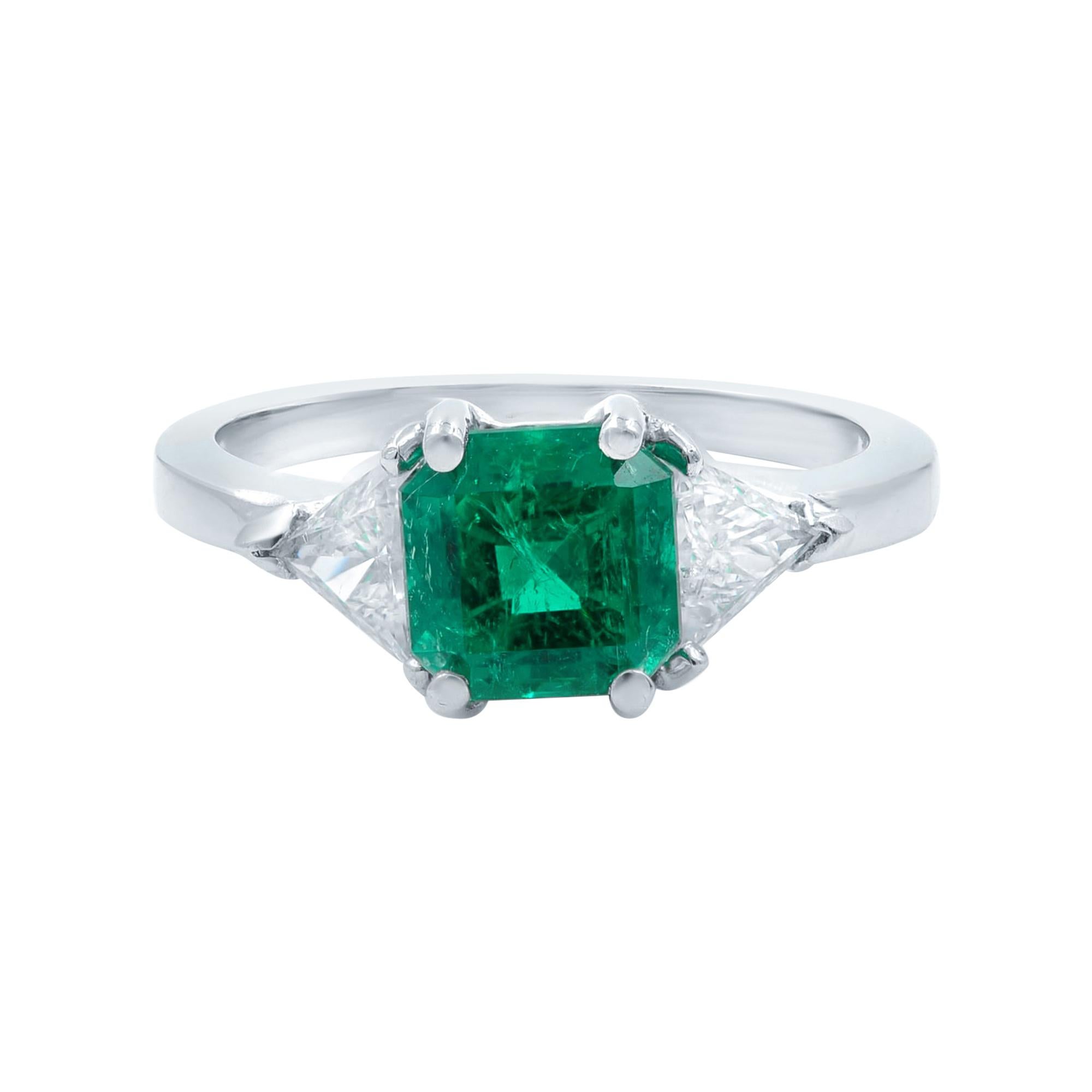 Rachel Koen Green Emerald Diamond Three Stone Ring Platinum 1.80Cttw For Sale
