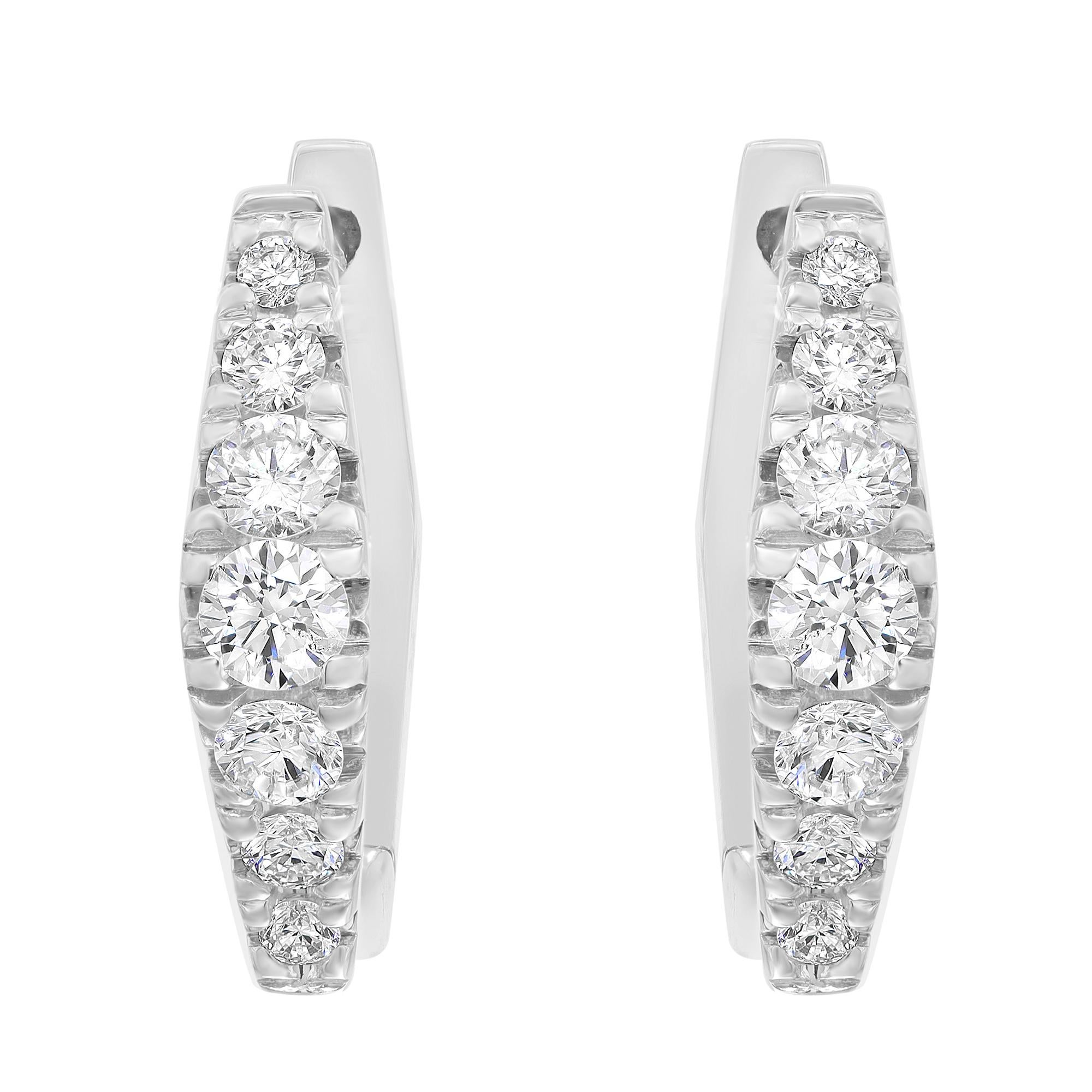 Sleek and modern hexagon shaped diamond huggie earrings, perfect for a great everyday look. These earrings are crafted in fine high polished 14K white gold and encrusted with bright white round cut diamonds in graduation weighing 0.49 carat. Diamond