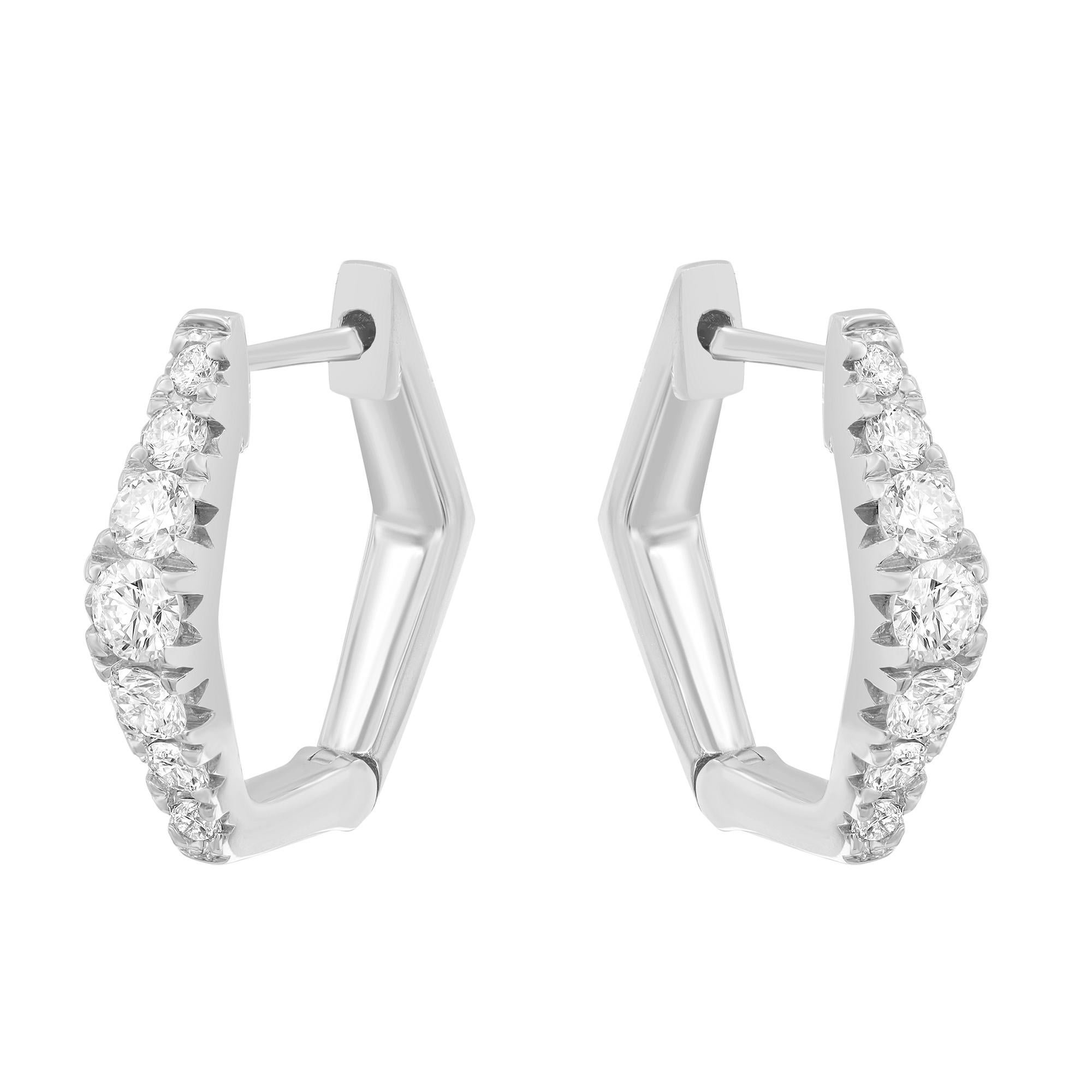 Modern Rachel Koen Hexagon Diamond Huggie Earrings 14K White Gold 0.49cttw For Sale