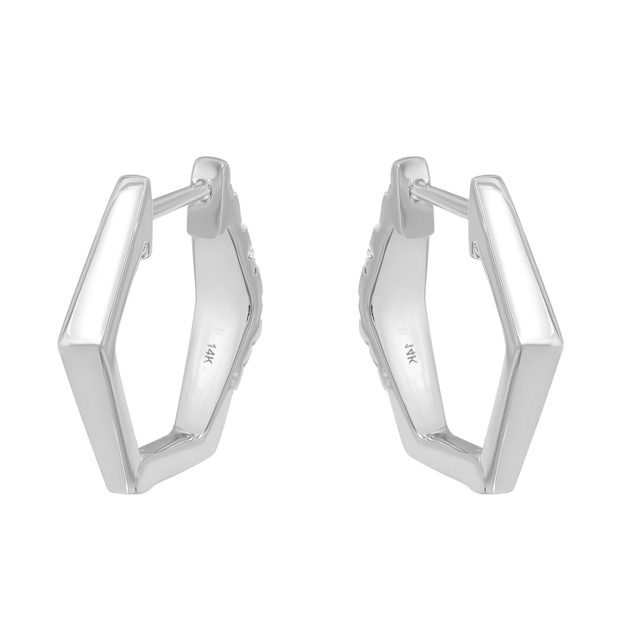 Round Cut Rachel Koen Hexagon Diamond Huggie Earrings 14K White Gold 0.49cttw For Sale