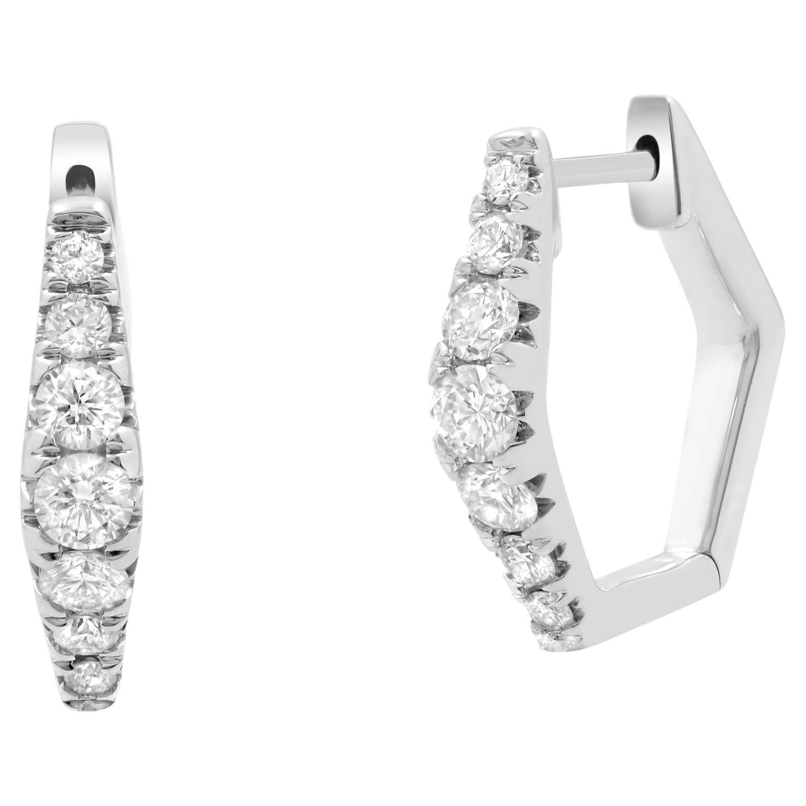 Rachel Koen Hexagon Diamond Huggie Earrings 14K White Gold 0.49cttw For Sale