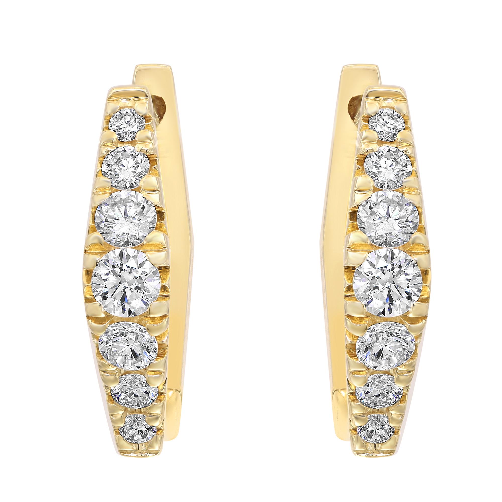 Sleek and modern hexagon shaped diamond huggie earrings, perfect for a great everyday look. These earrings are crafted in fine high polished 14K yellow gold and encrusted with bright white round cut diamonds in graduation weighing 0.49 carat.