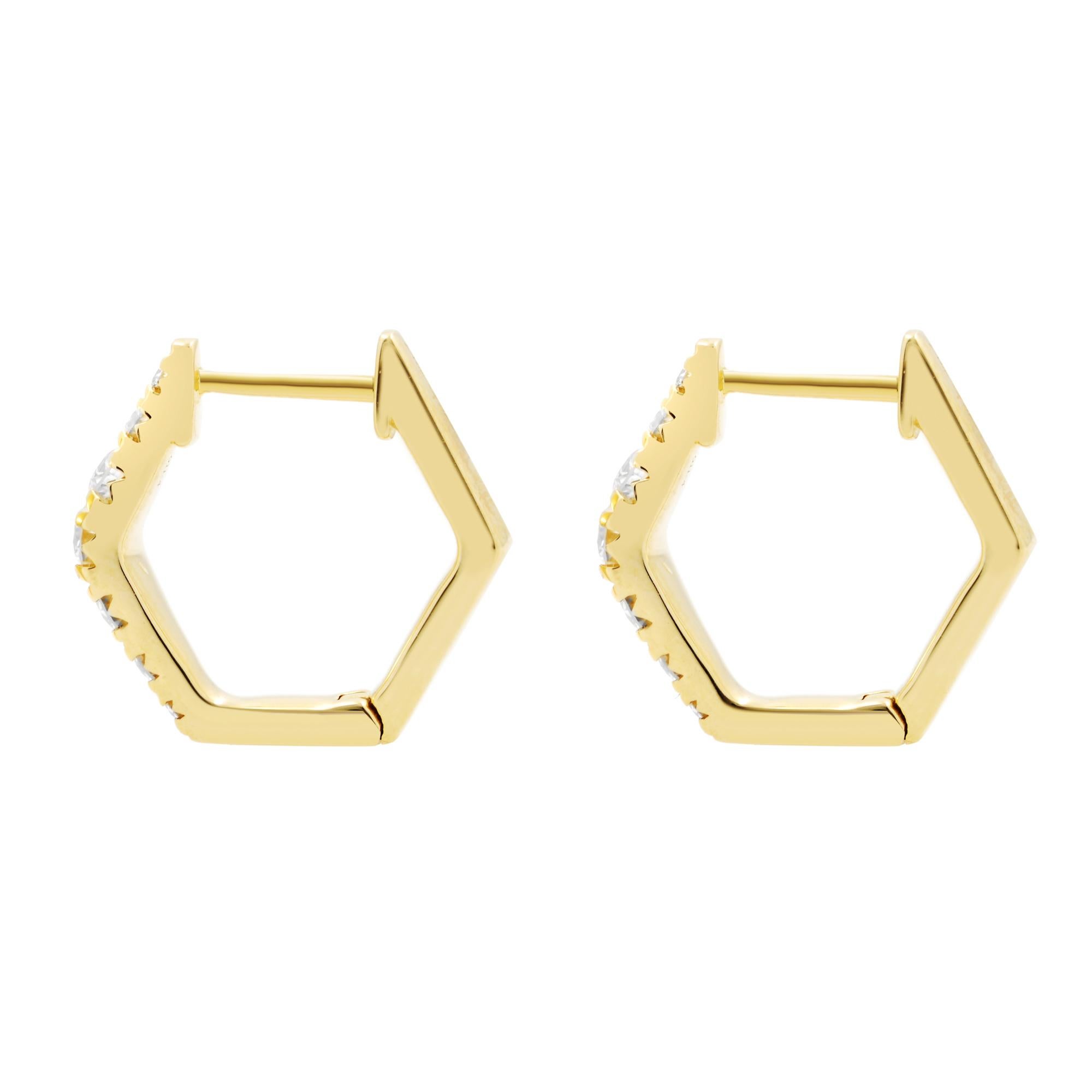 Round Cut Rachel Koen Hexagon Diamond Huggie Earrings 14K Yellow Gold 0.49cttw For Sale