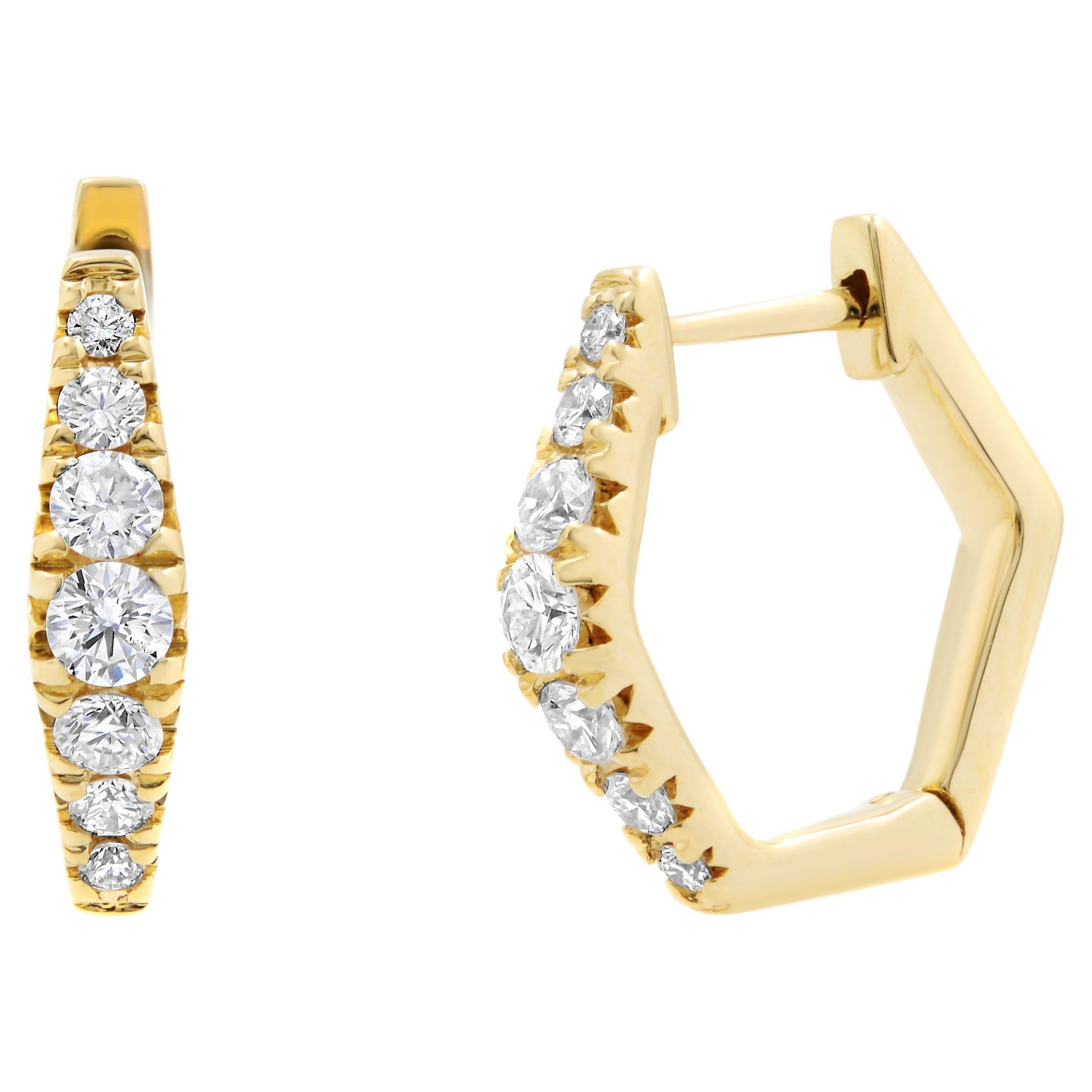 Rachel Koen Hexagon Diamond Huggie Earrings 14K Yellow Gold 0.49cttw For Sale