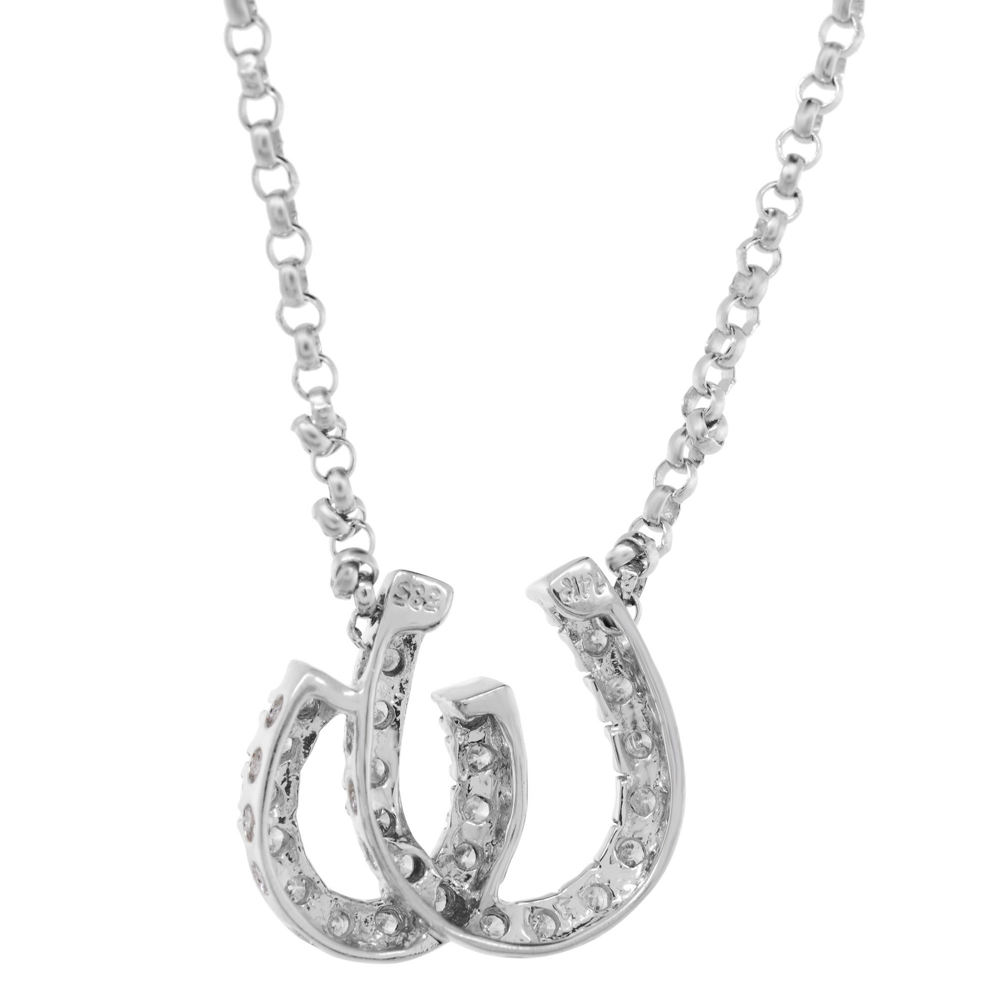 Modern Rachel Koen Horseshoe Diamond Charm Pendant Necklace 14k White Gold 0.20Cttw For Sale