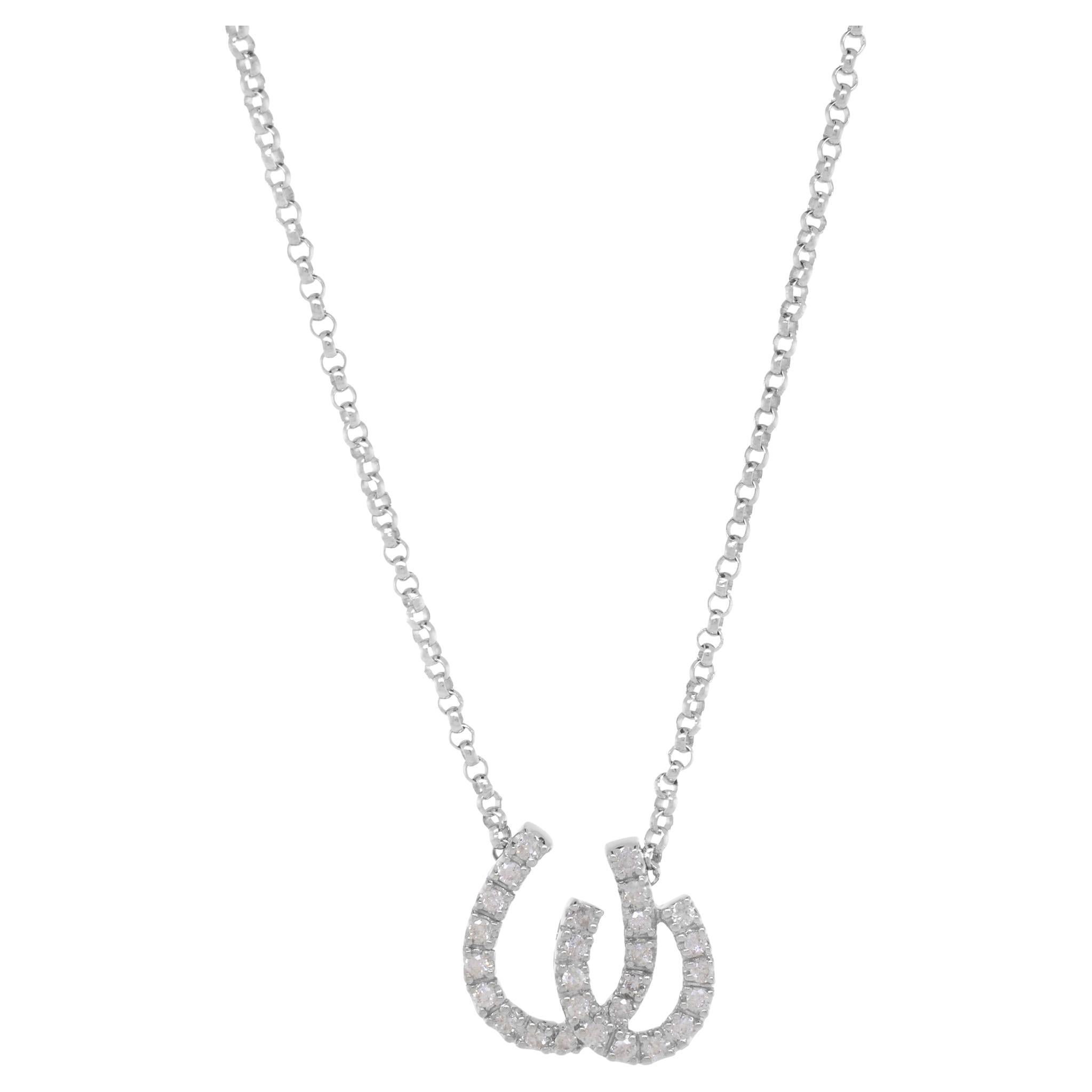 Rachel Koen Horseshoe Diamond Charm Pendant Necklace 14k White Gold 0.20Cttw For Sale