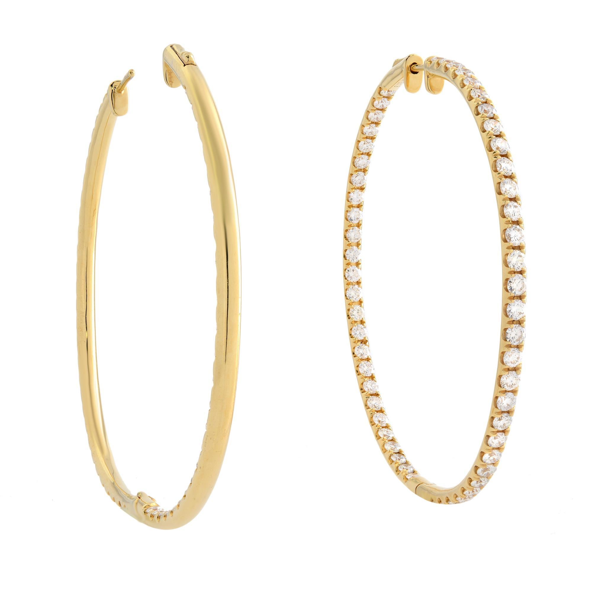Round Cut Rachel Koen Inside Out Diamond Hoop Earrings 14K Yellow Gold 1.75cttw For Sale