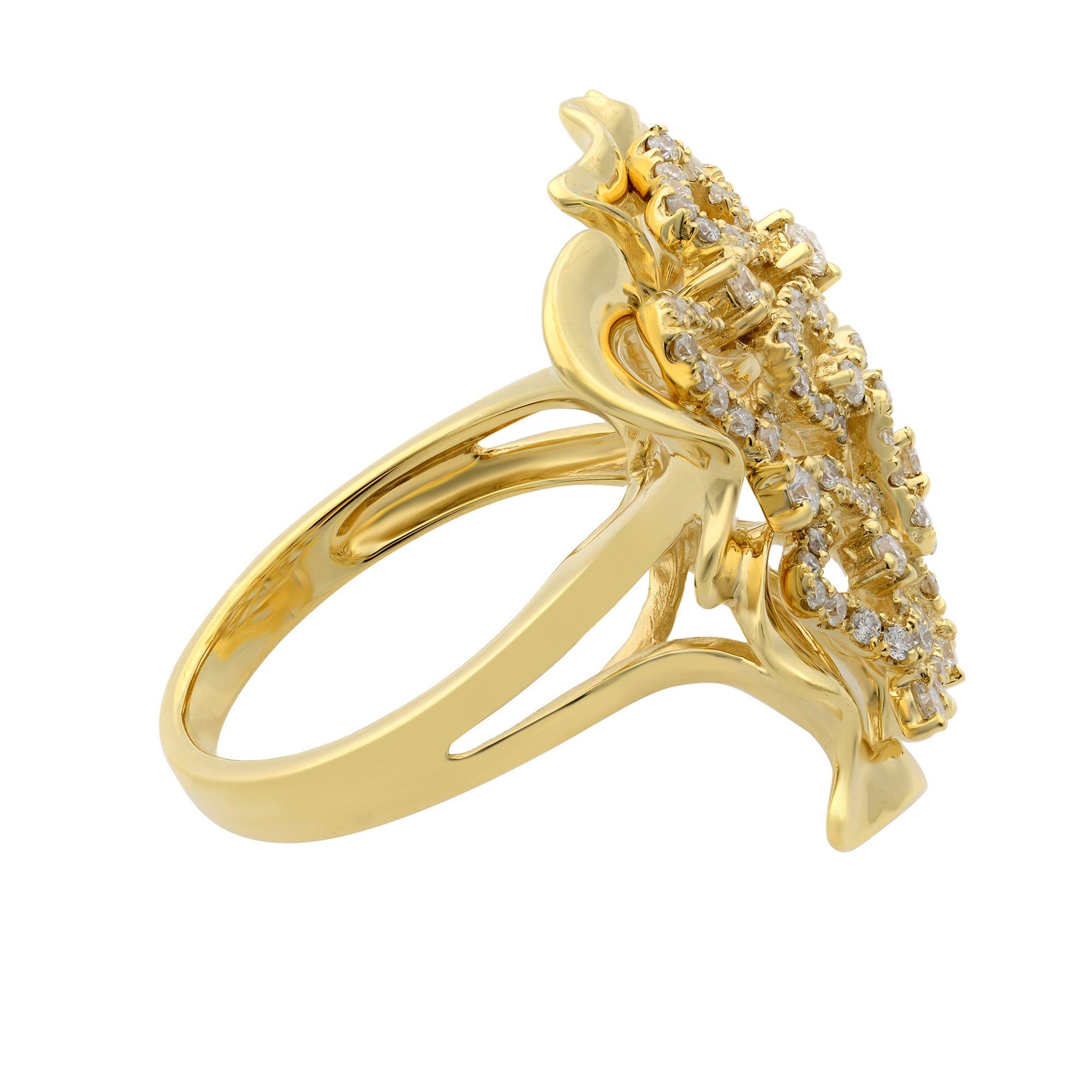 Round Cut Rachel Koen Large Floral Diamond Cocktail Ring 18K Yellow Gold 0.75cttw For Sale