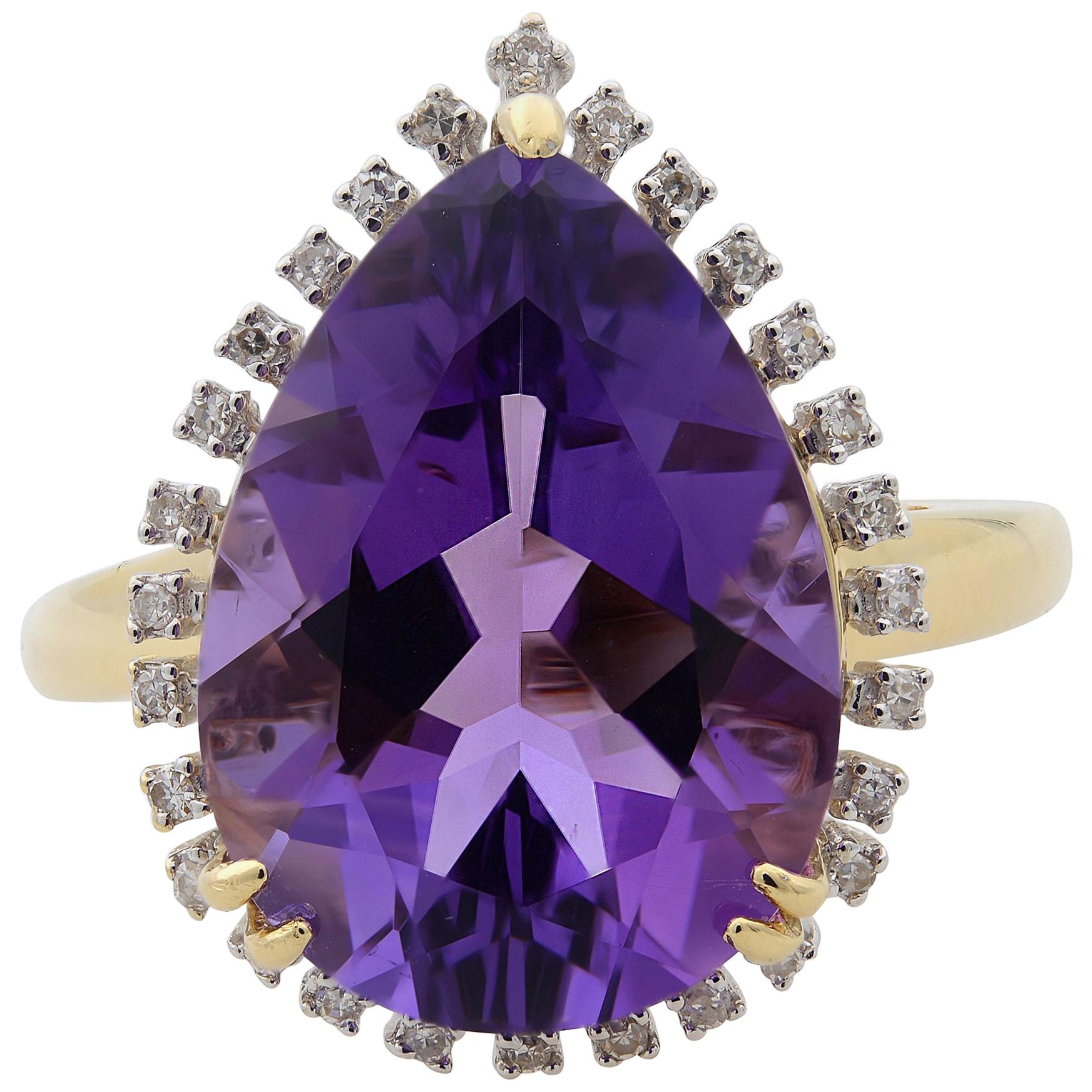 Rachel Koen Large Pear-Shaped Amethyst Cocktail Ring with Diamond Halo