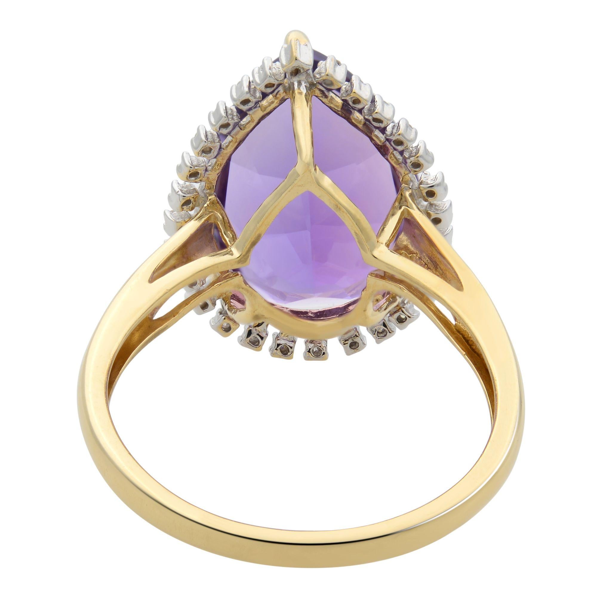 Rachel Koen Large Pear-Shaped Amethyst Cocktail Ring with Diamond Halo In Excellent Condition In New York, NY
