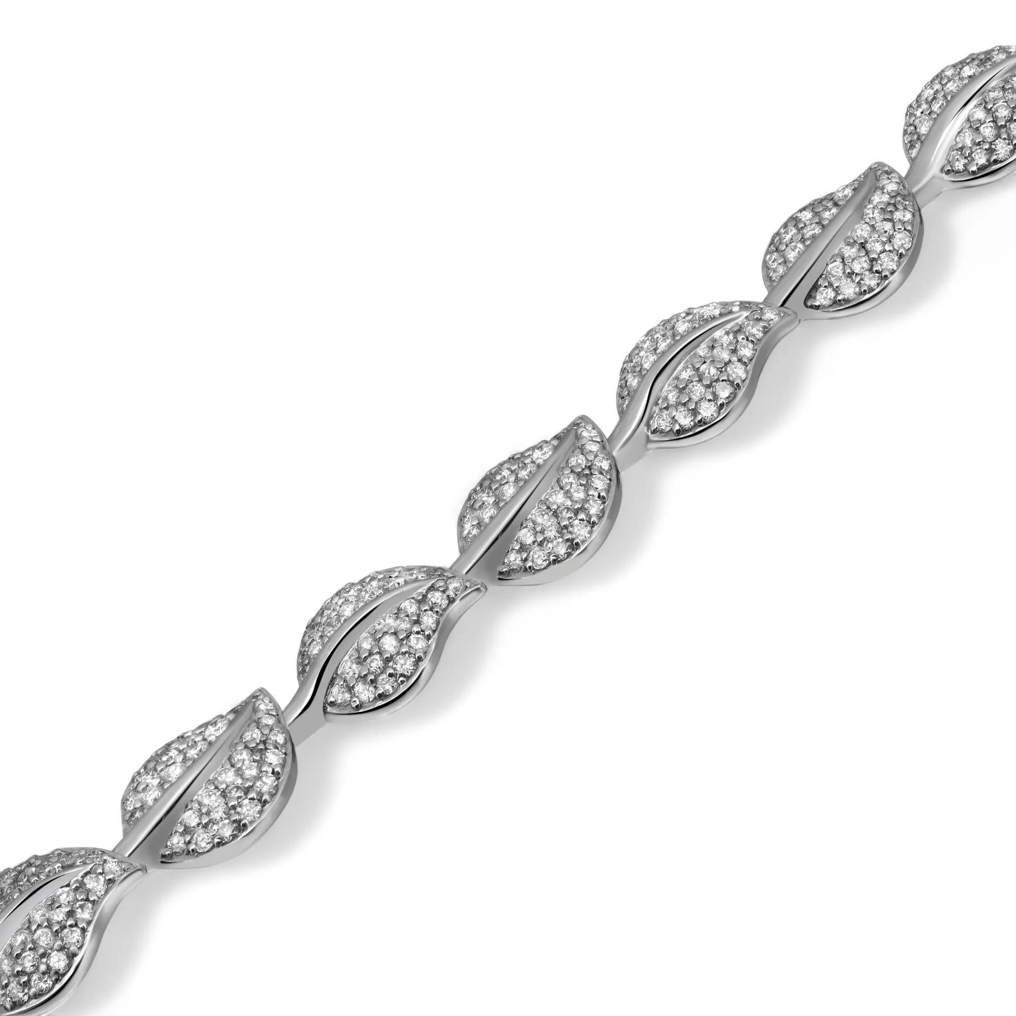 Rachel Koen Pulsera de tenis de diamantes con eslabones en forma de hoja Oro blanco de 18 quilates 3,85 qtw 7 pulgadas Moderno en venta