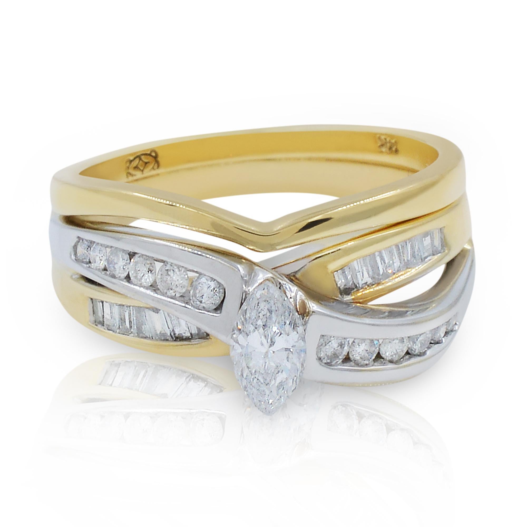 Modern Rachel Koen Marquise Cut Diamond Engagement Ring Set 14K Yellow Gold 1.05Cttw For Sale