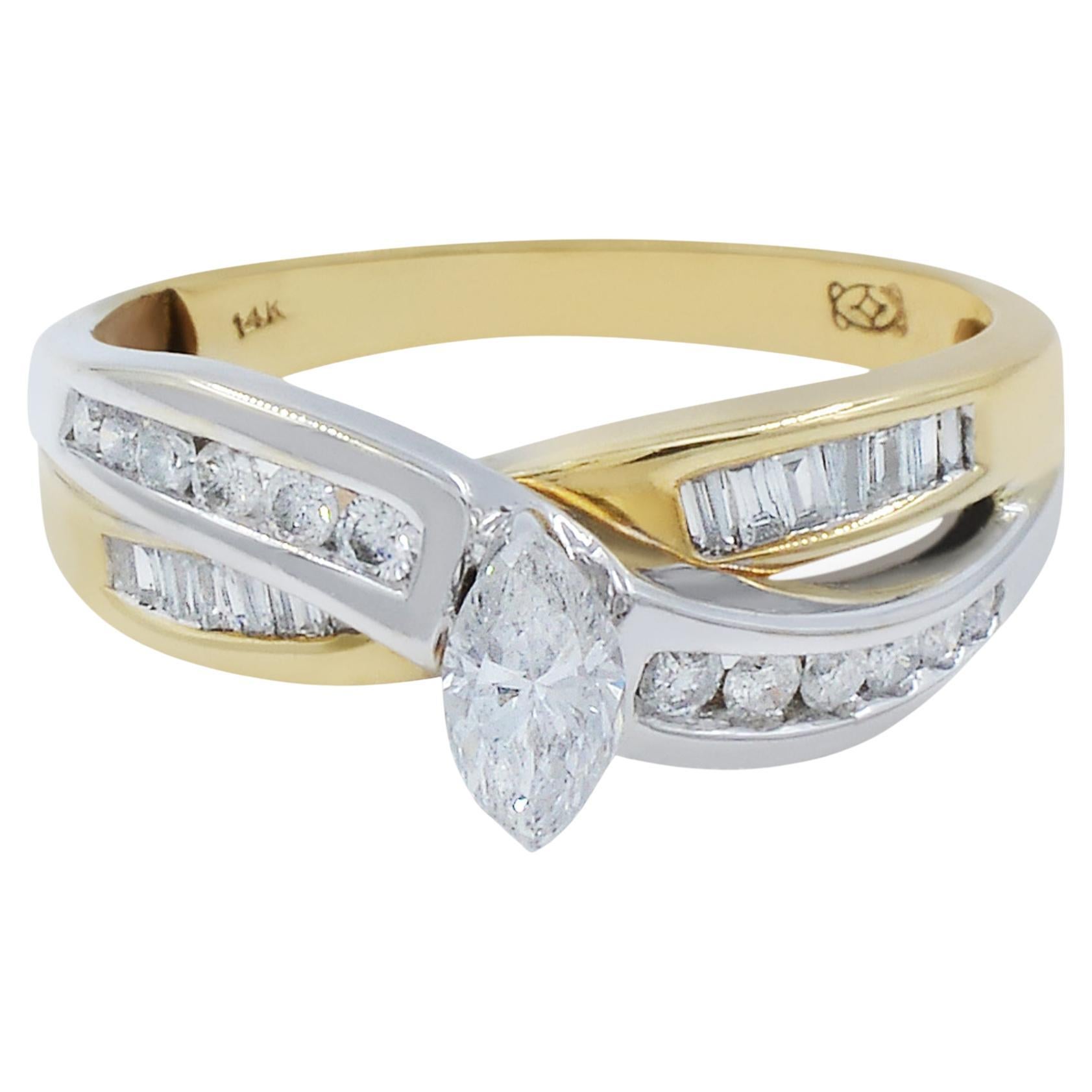 Rachel Koen: 14 Karat Gelbgold Verlobungsring mit Diamant im Marquise-Schliff, 1,05 Gesamtkaratgewicht