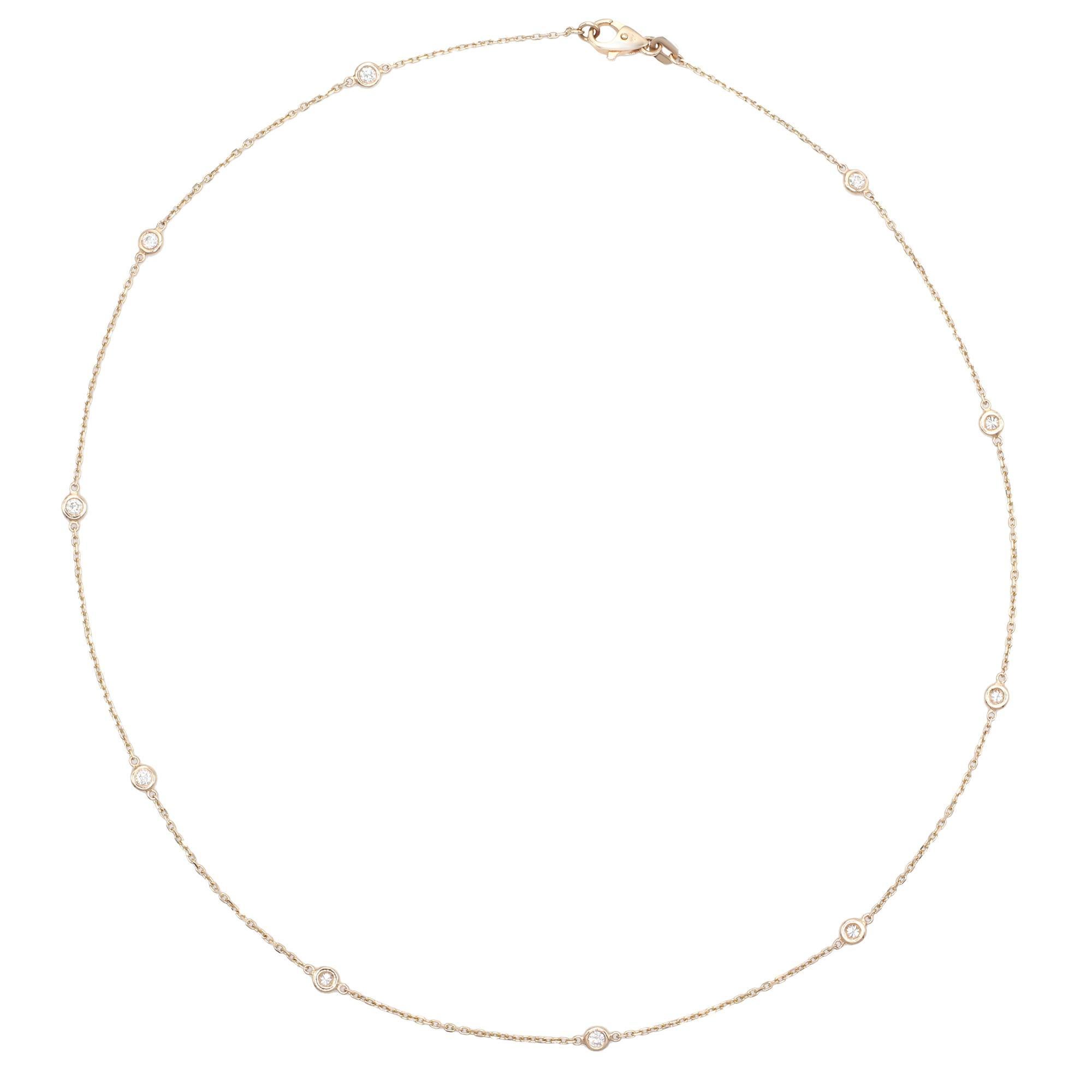Stunning custom design 14k rose gold natural diamond by the yard necklace. Bezel set with 10 round brilliant diamonds weighing 0.61cttw. Diamonds are nearly colorless with G-H color, and VS-SI clarity. Chain length: 18 inches. Comes with a