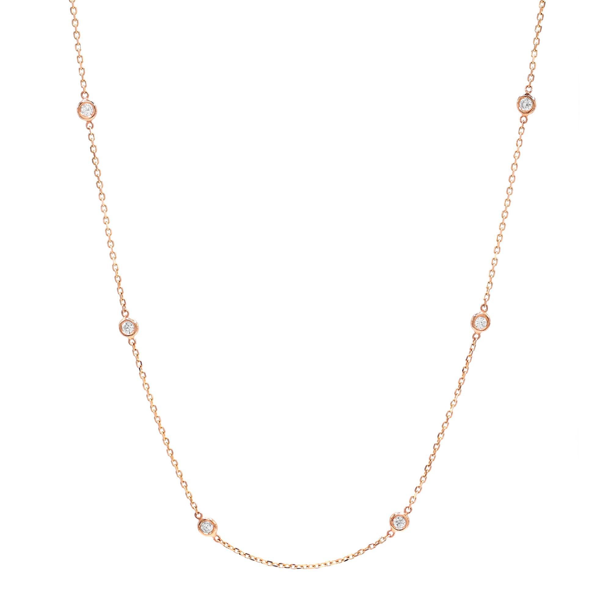 Round Cut Rachel Koen Natural Diamond by the Yard Necklace 14K Rose Gold 0.61cttw For Sale