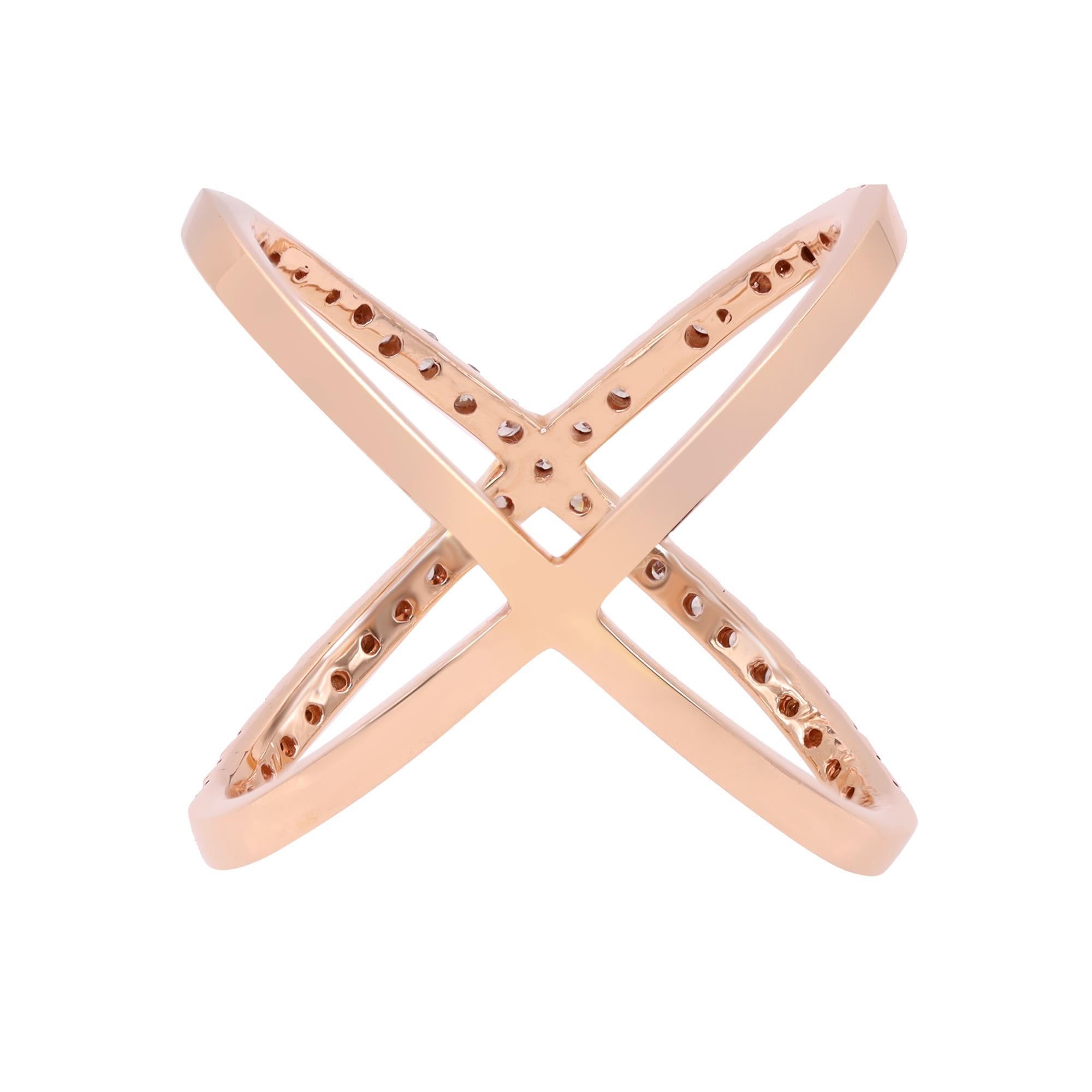 This amazing 14k rose gold X ring is accented by lines of pave diamonds along the top of the ring. Total diamond carat weight is 0.56. Diamond color I and SI-I clarity. Ring size 7.25. Comes with a presentable gift box and appraisal. 
