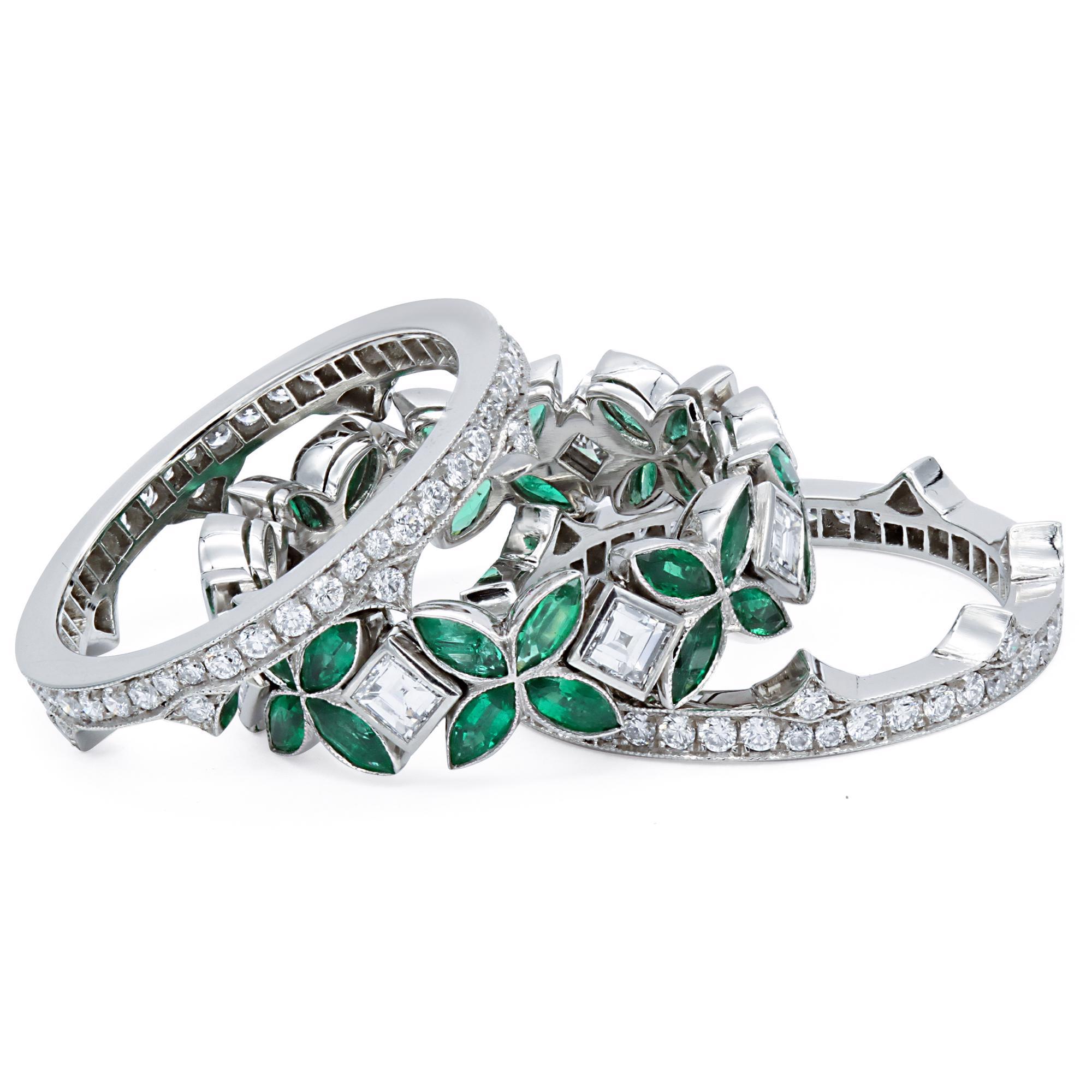 Modern Rachel Koen Natural Green Emerald Diamond Eternity Set of 3 Ring Platinum For Sale