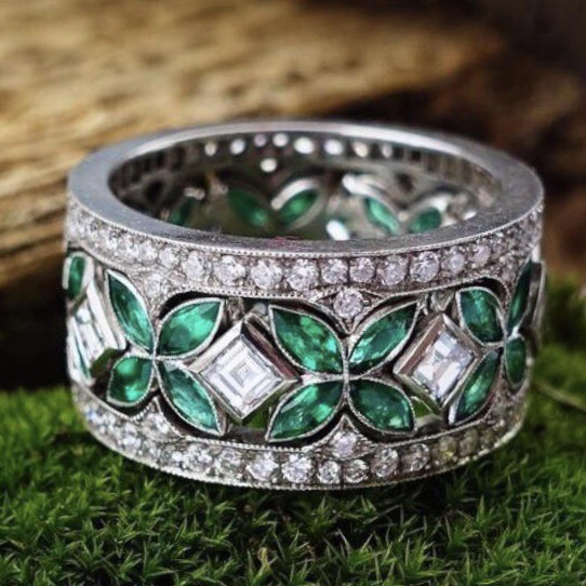 Emerald Cut Rachel Koen Natural Green Emerald Diamond Eternity Set of 3 Ring Platinum For Sale