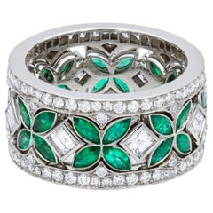 Rachel Koen Natural Green Emerald Diamond Eternity Set of 3 Ring Platinum
