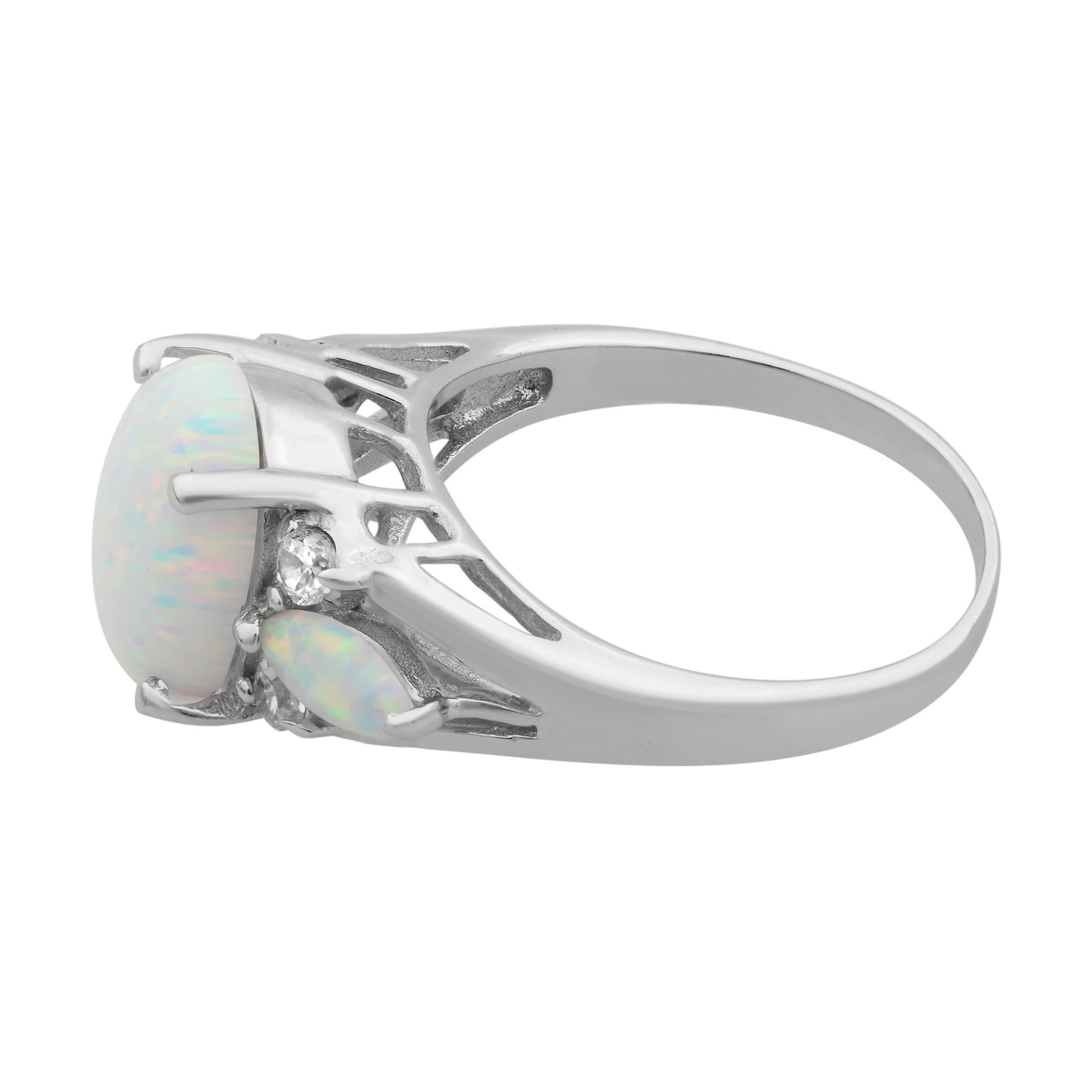 Modern Rachel Koen Opal with Cubic Zirconia Ladies Ring 14K White Gold For Sale