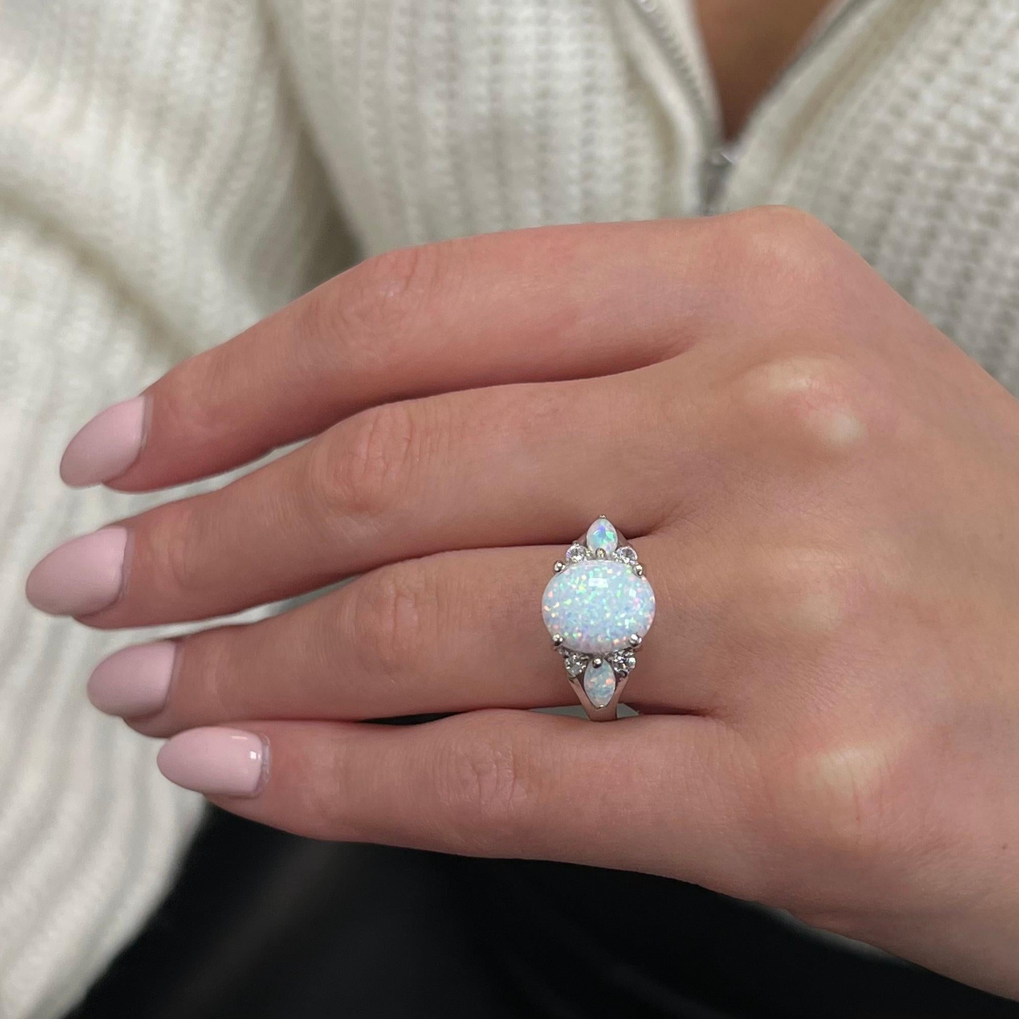 Rachel Koen Opal with Cubic Zirconia Ladies Ring 14K White Gold In Excellent Condition For Sale In New York, NY