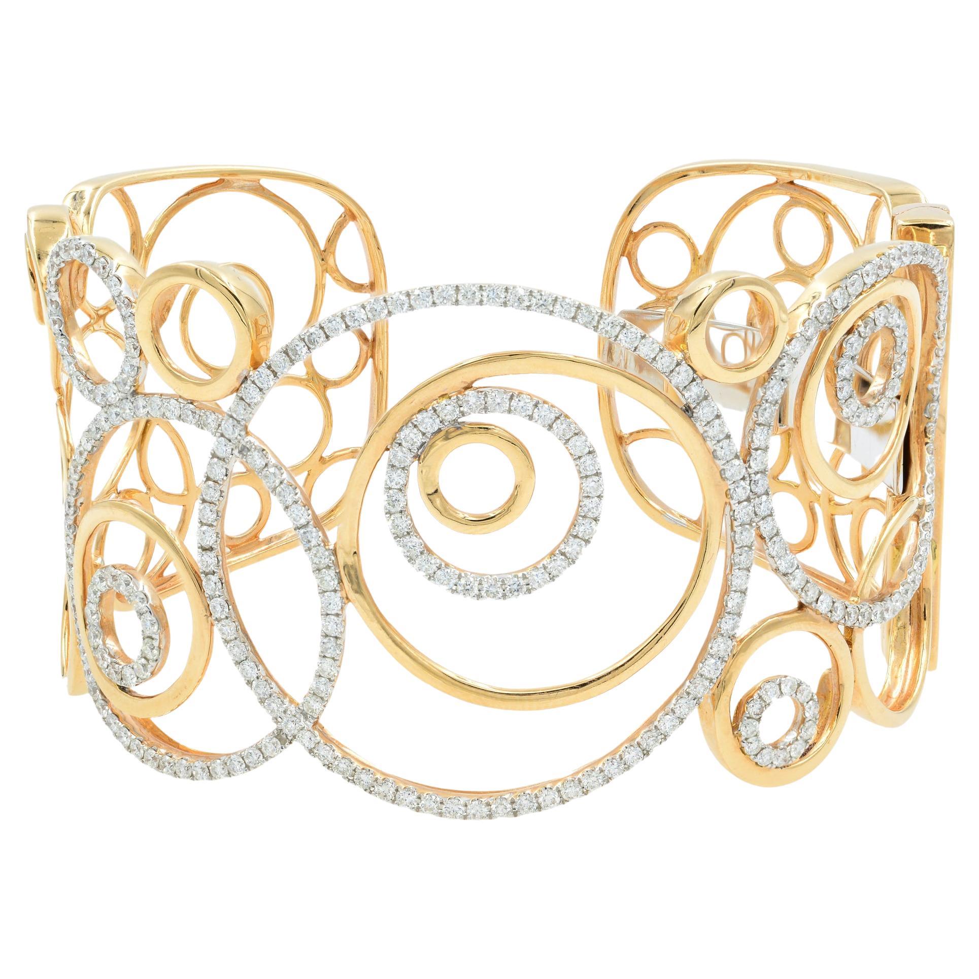 Rachel Koen Open Scroll Cuff Bangle Bracelet 18K Rose Gold 3.93cts For Sale